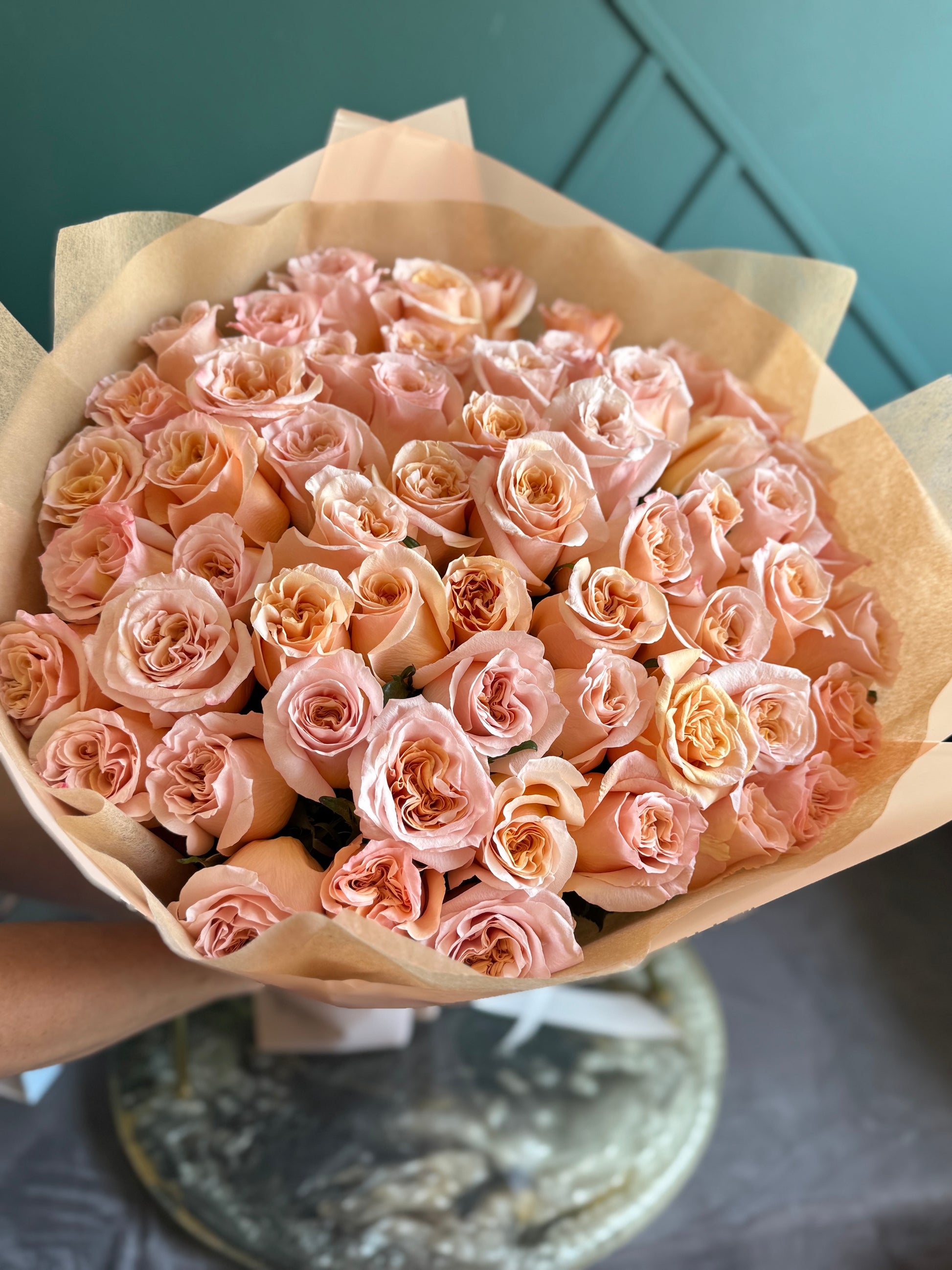 Luxury peach rose bouquet with 50 fresh roses by Luxury Flowers Miami