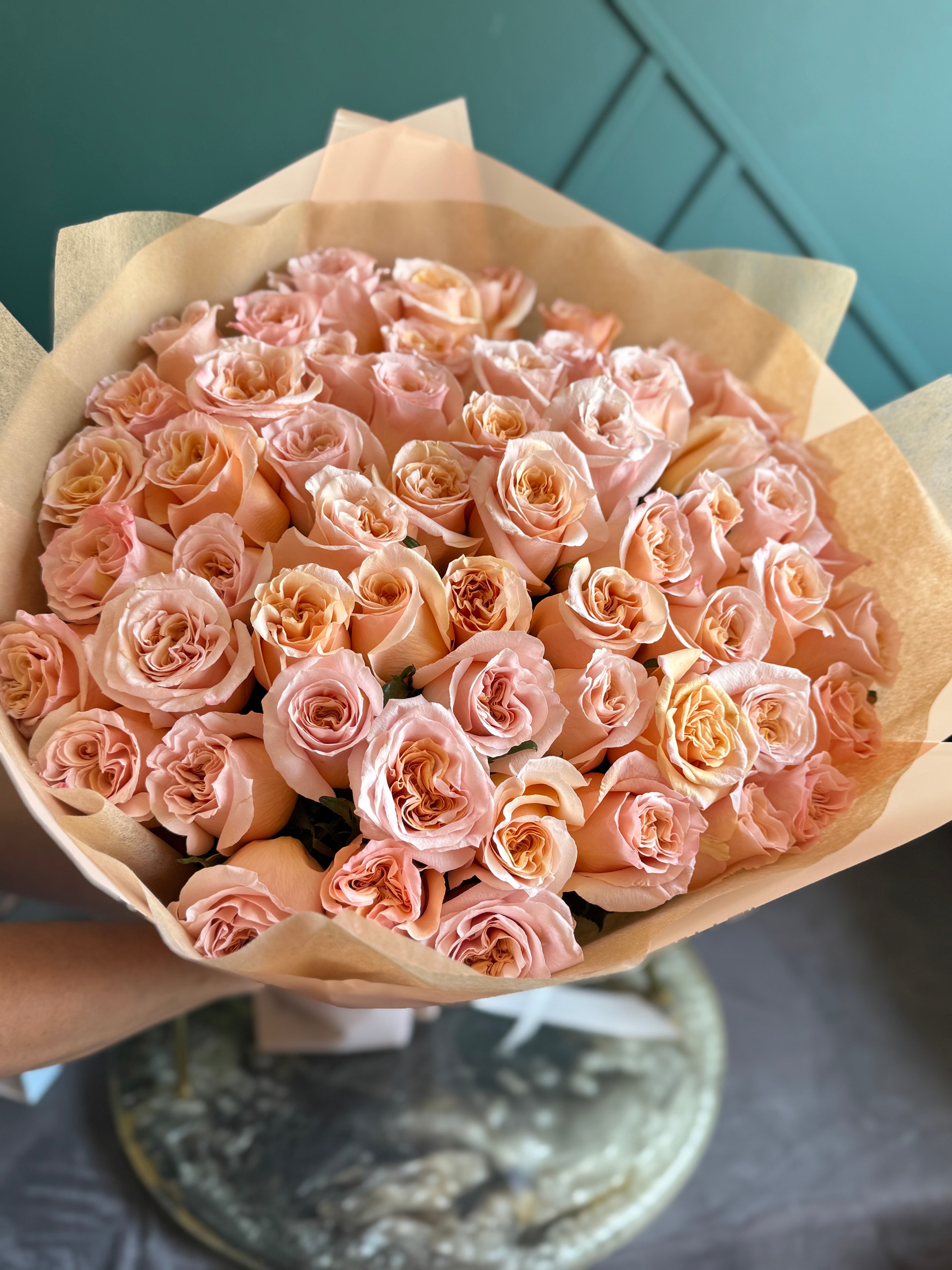 Luxury peach rose bouquet with 50 fresh roses by Luxury Flowers Miami