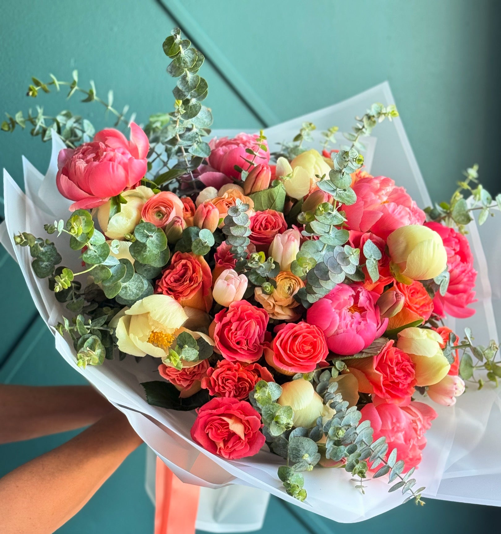 Luxury peony bouquet with ranunculus garden roses and tulips