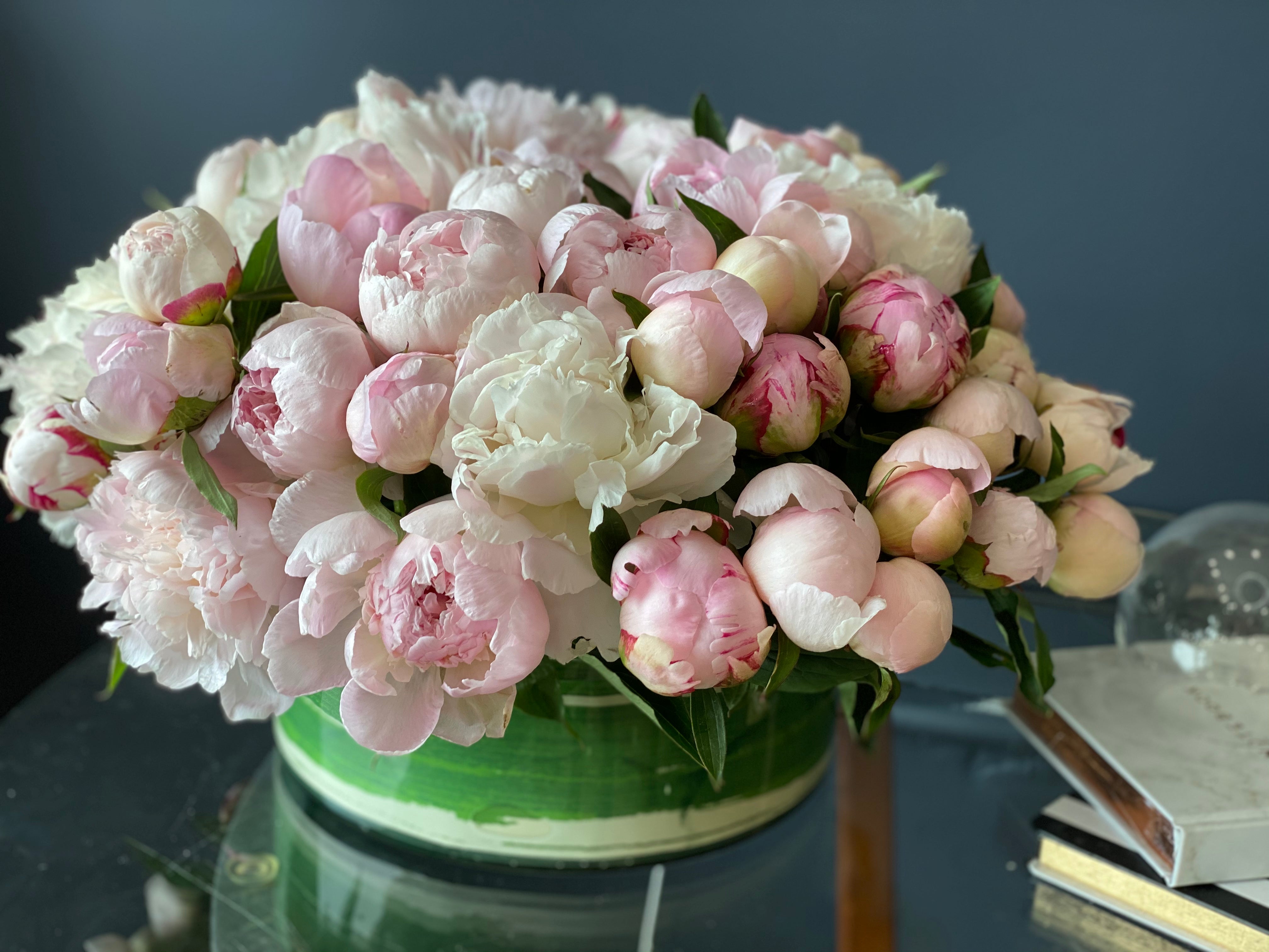 Luxury peony vase arrangement with approximately 50 blooms
