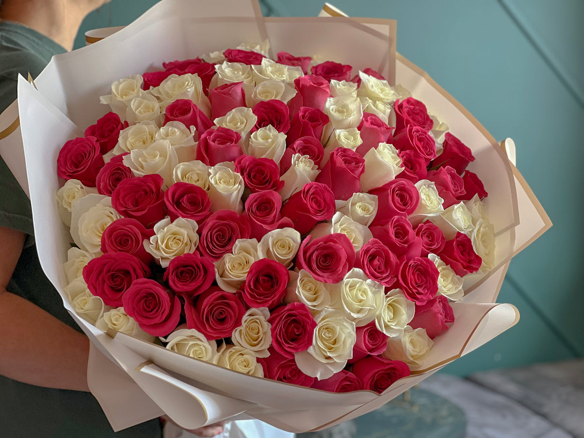 Luxury pink and white rose bouquet with 100 premium roses
