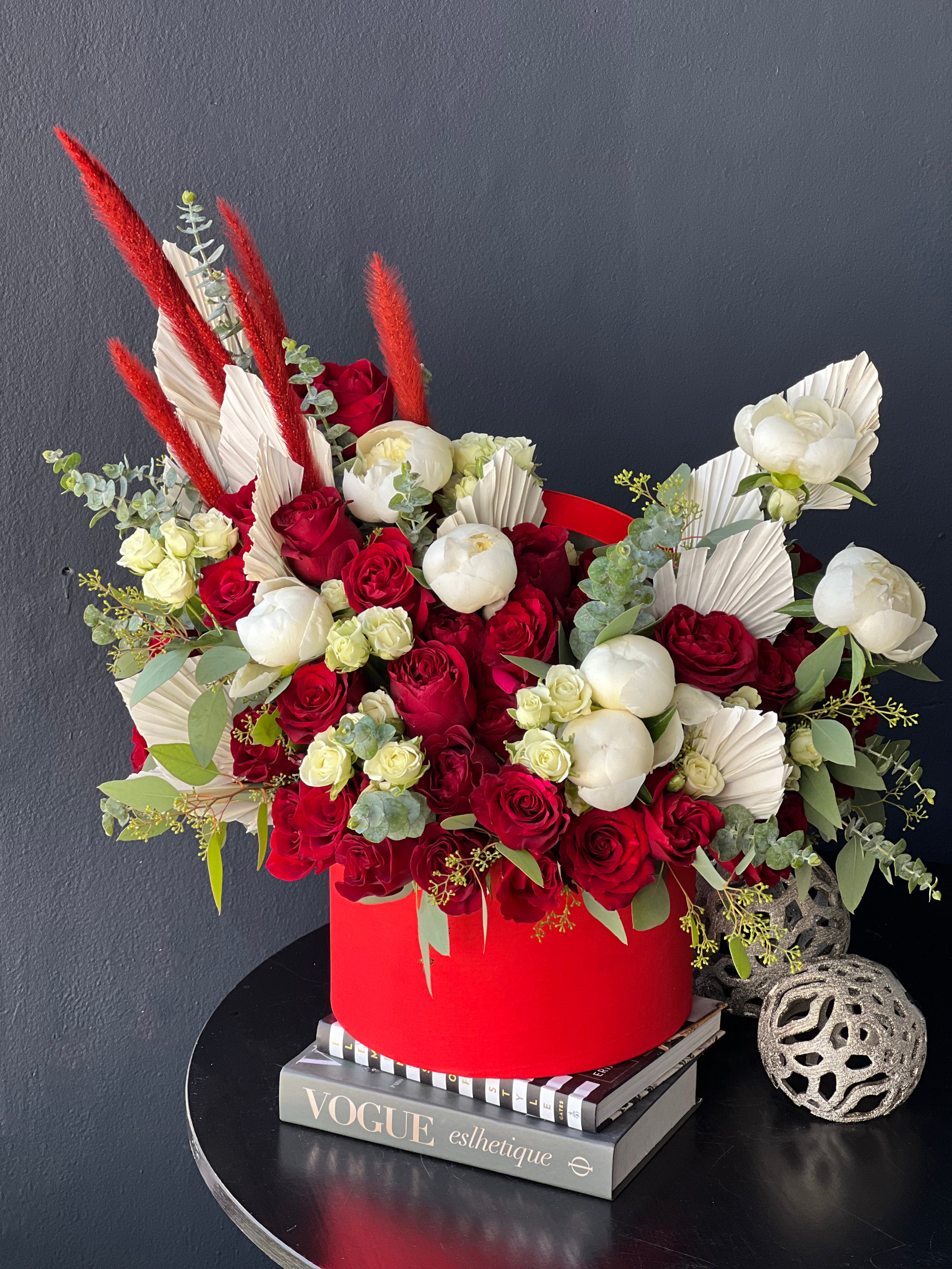 Luxury red rose and white peony flower box Miami Beach