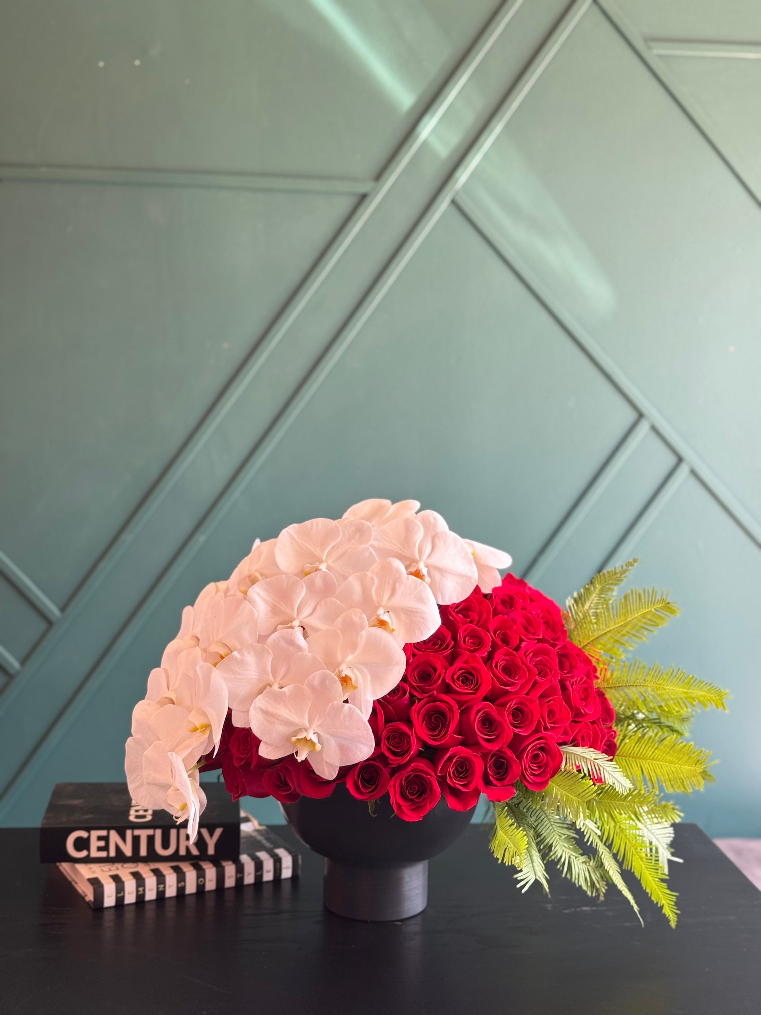 Luxury red rose and white phalaenopsis orchid arrangement in Miami Beach