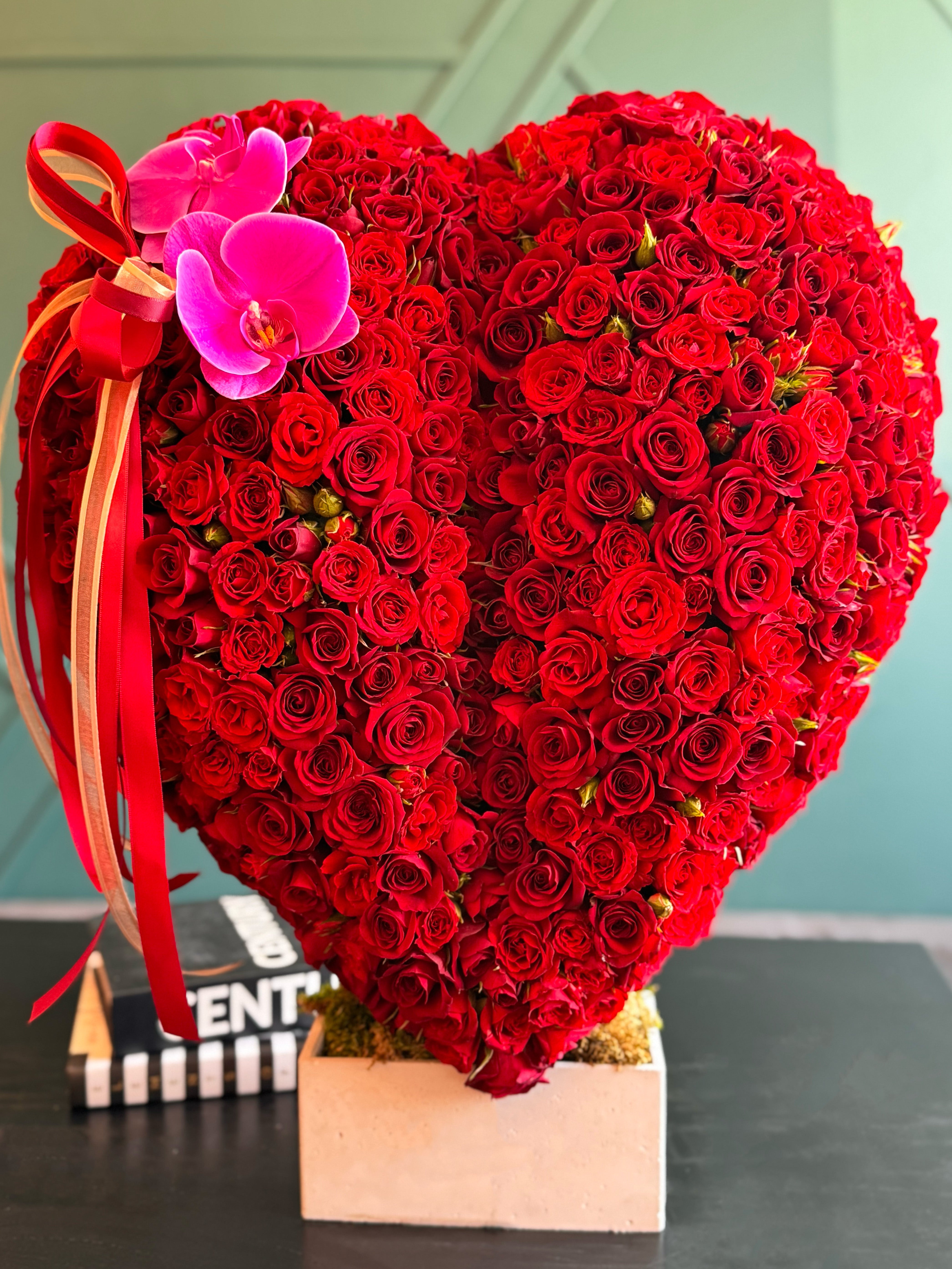Luxury red rose heart sculpture with orchid accent