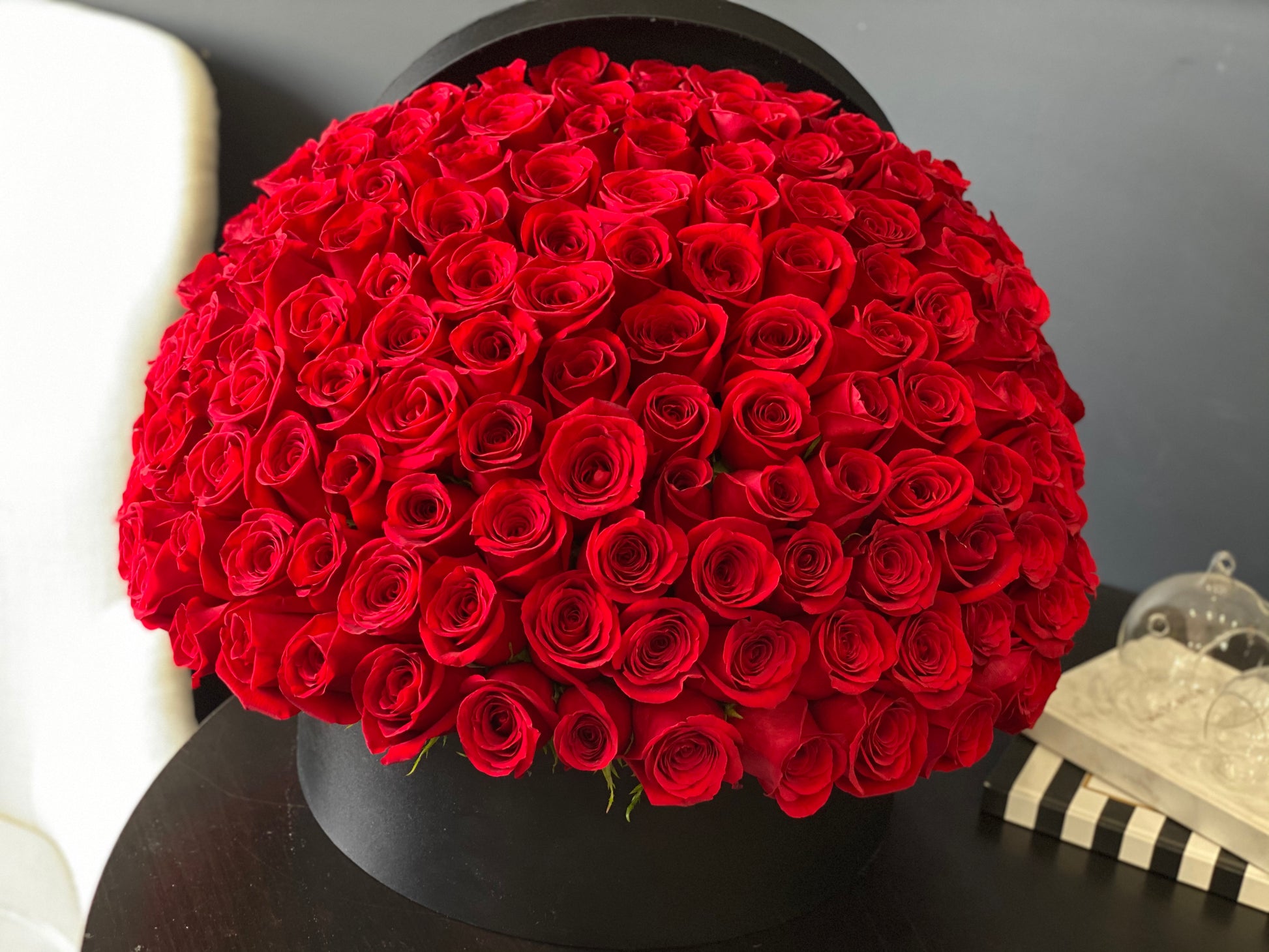 Luxury red roses in black box handcrafted by Luxury Flowers Miami