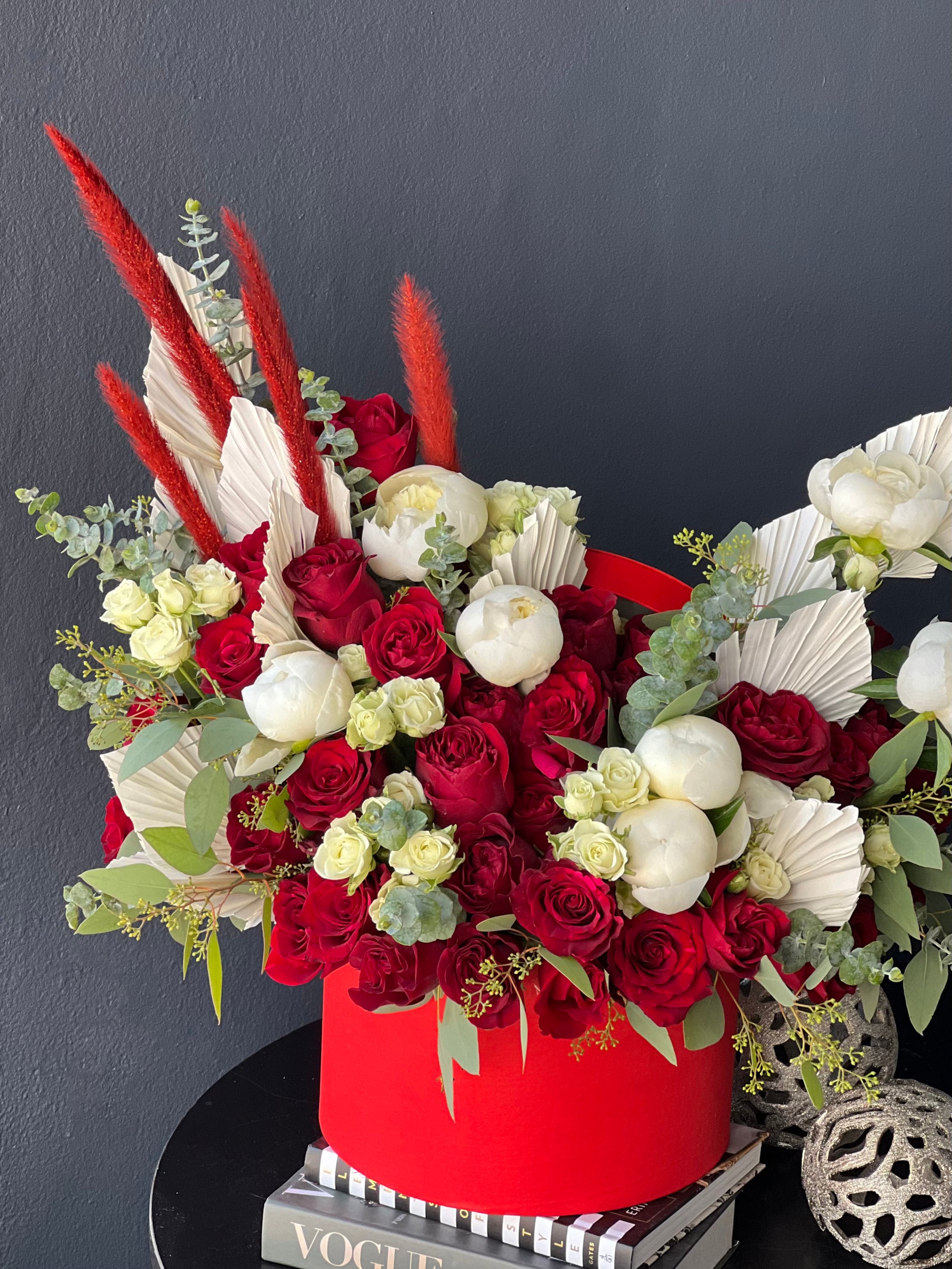 Luxury romantic flowers with red roses and white peonies Miami Beach