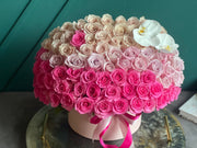 Luxury round box with 150 fresh pink blush and ivory roses by Luxury Flowers Miami