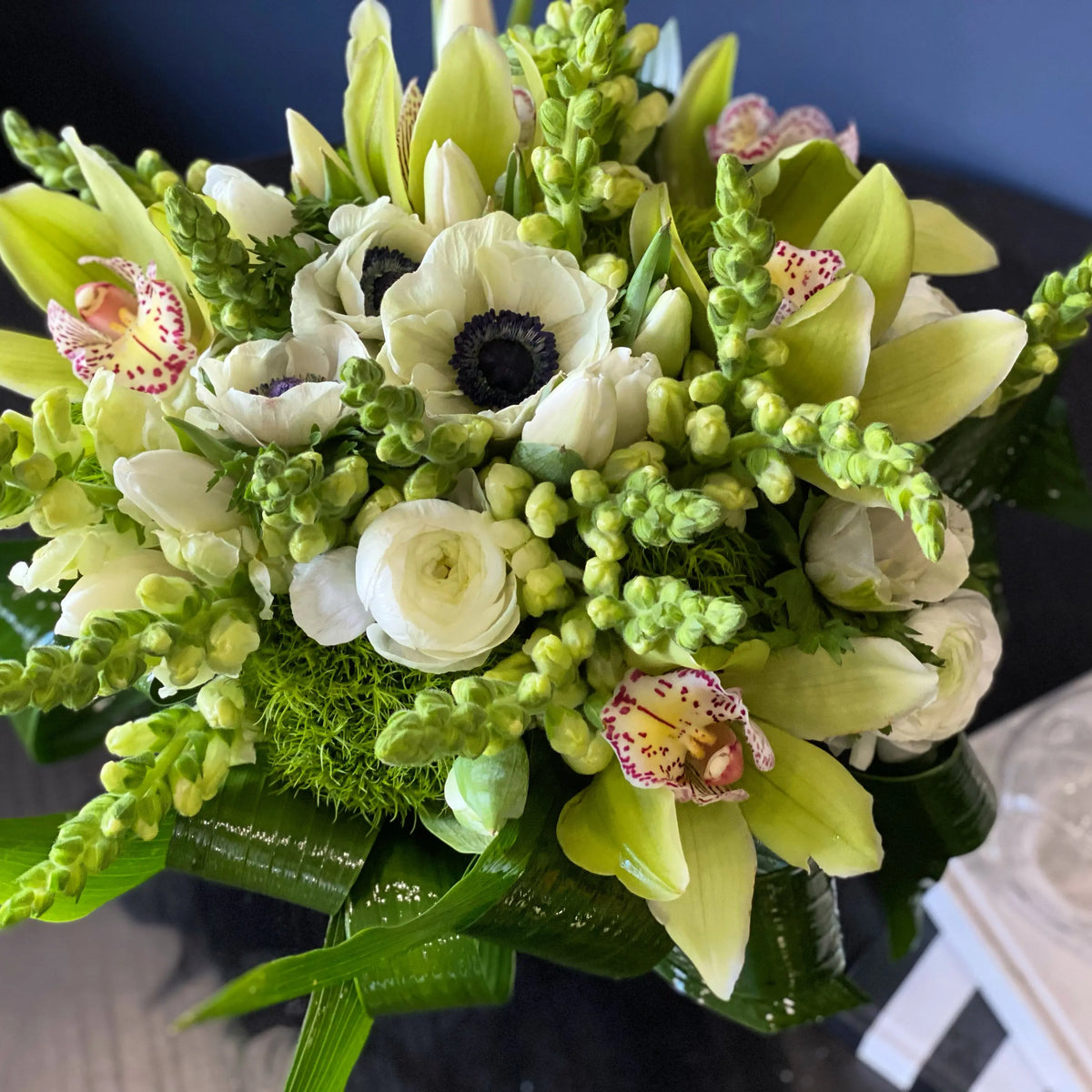 Luxury white and green flowers in vase Miami Beach