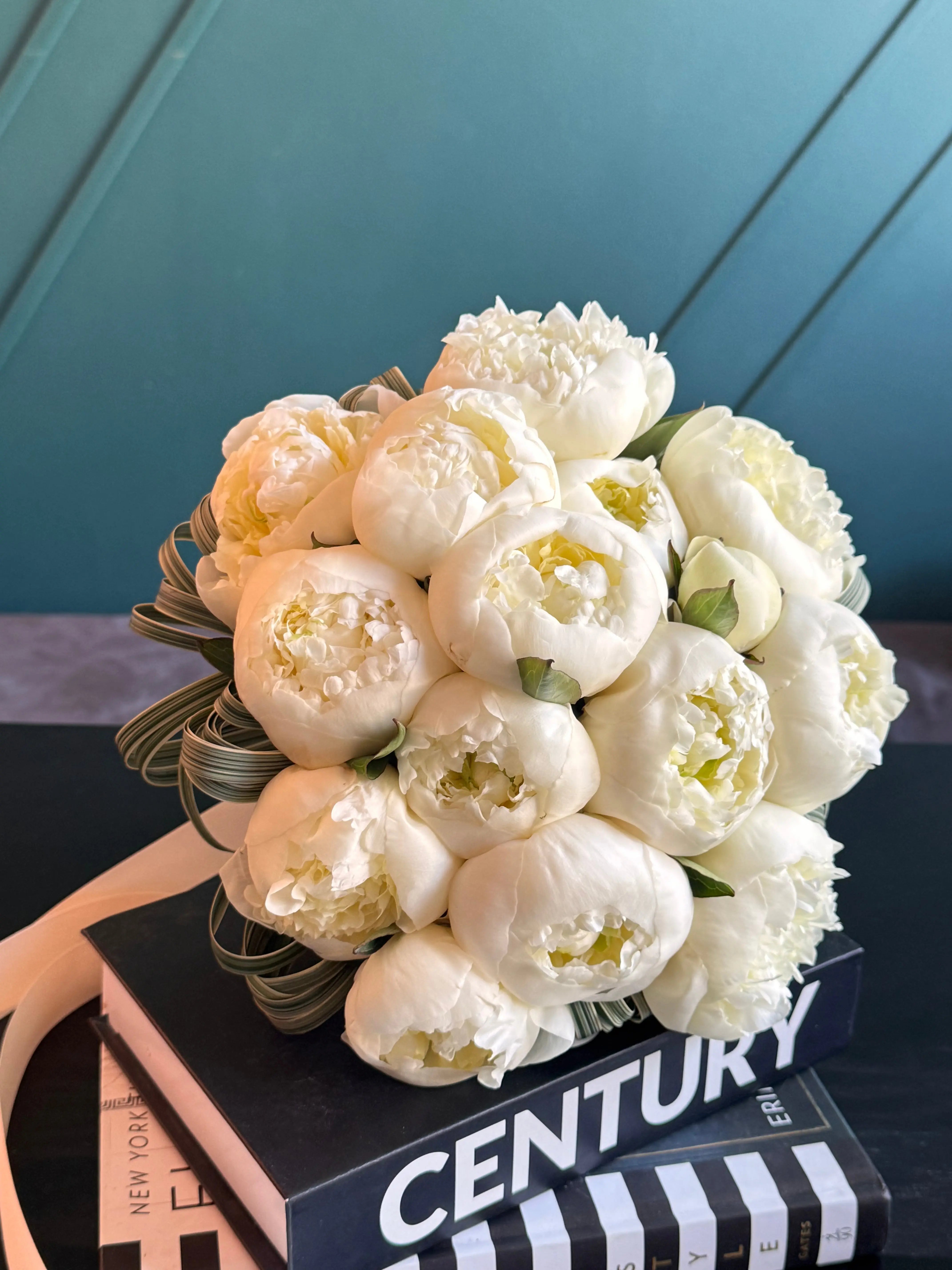Luxury white peony bridal bouquet handcrafted in Miami Beach