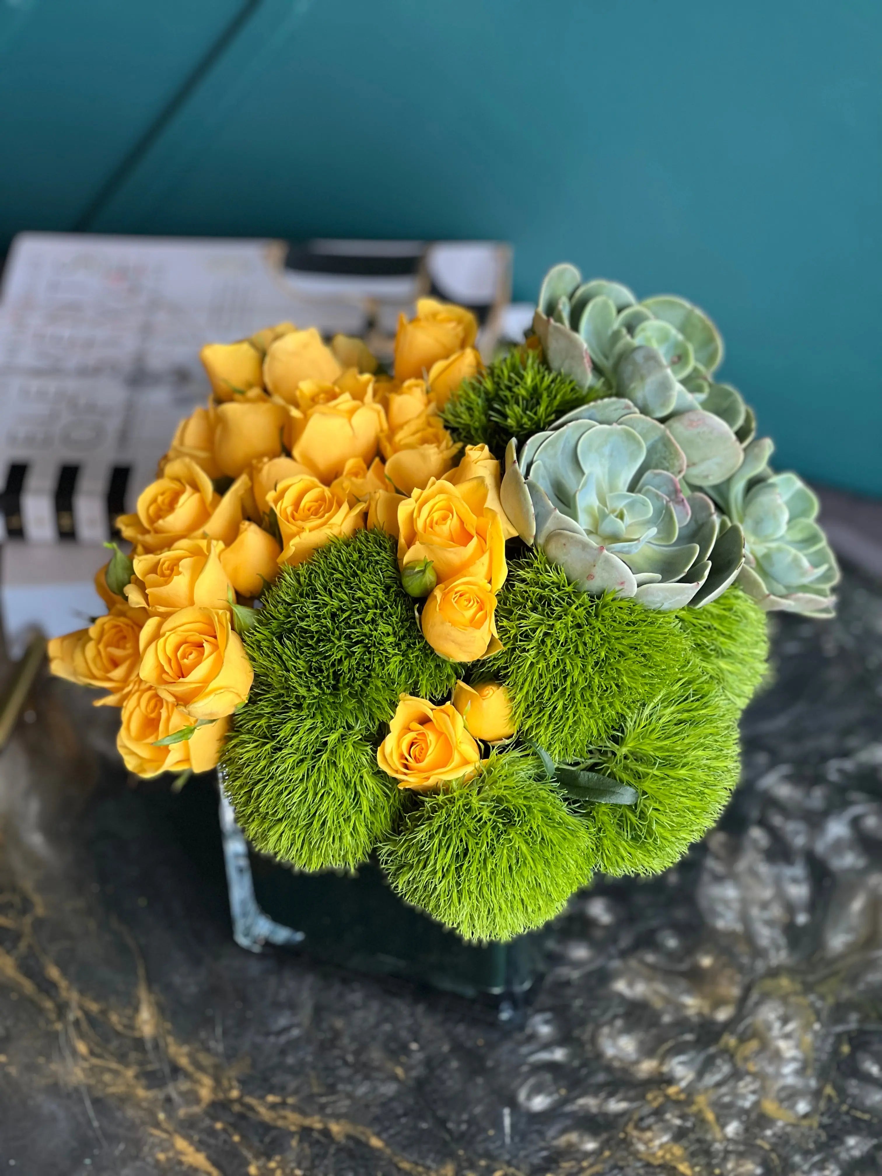 Luxury yellow spray rose arrangement handcrafted in Miami Beach