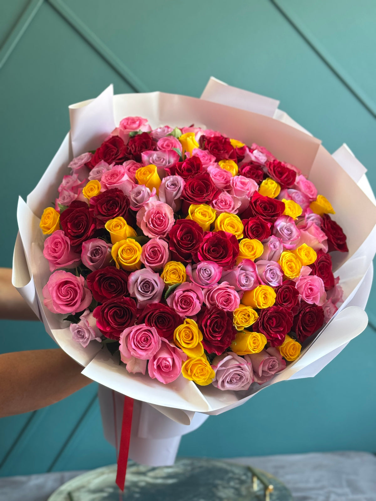 Mixed red pink and yellow rose bouquet Miami