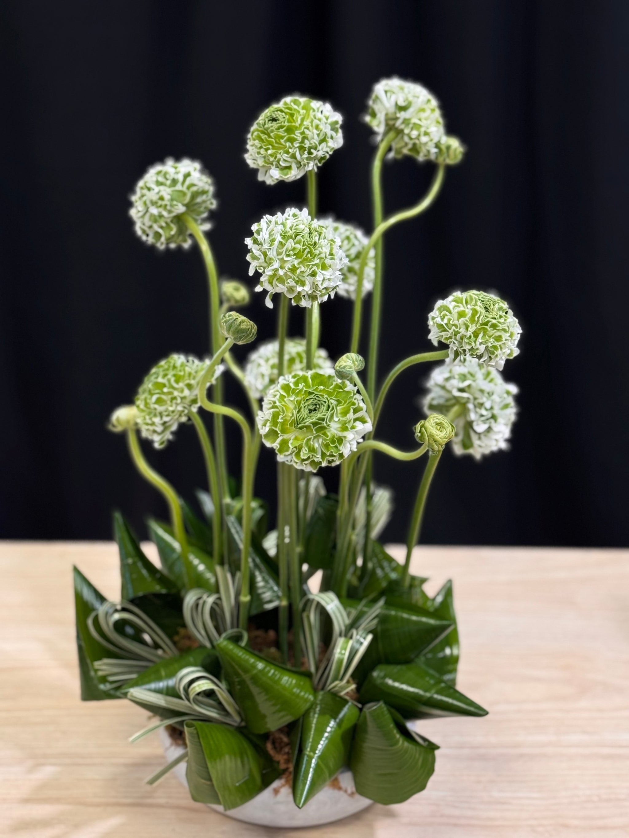 Modern botanical flower arrangement with ranunculus in cement vase