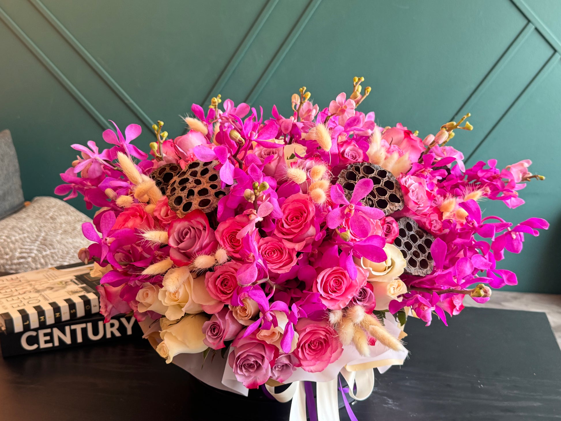 Mokara orchids and roses arrangement in Miami