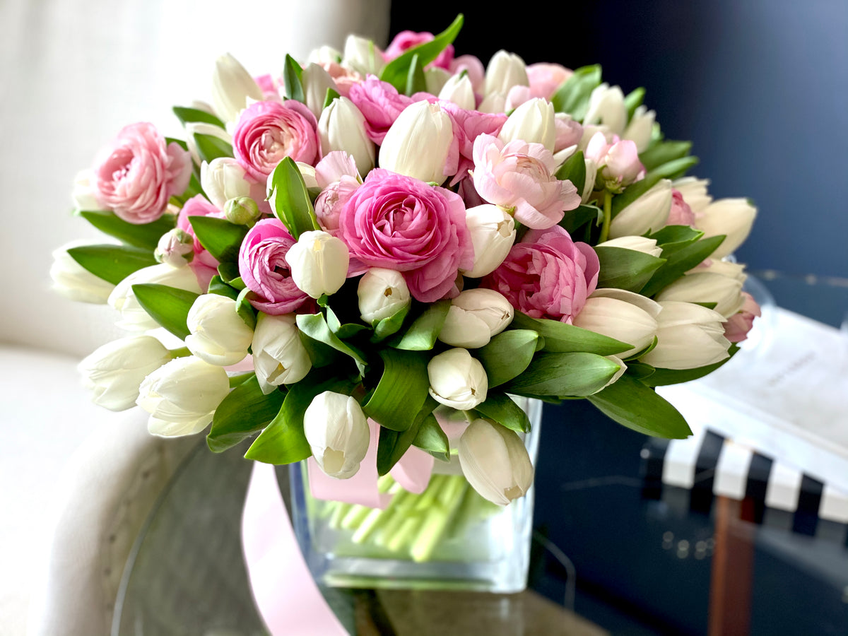 My Perfect Spring flower arrangement with pink ranunculus and white tulips