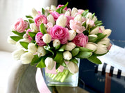My Perfect Spring flower arrangement with pink ranunculus and white tulips