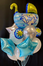 New baby balloon bouquet with extra large stroller balloon and latex and foil balloons