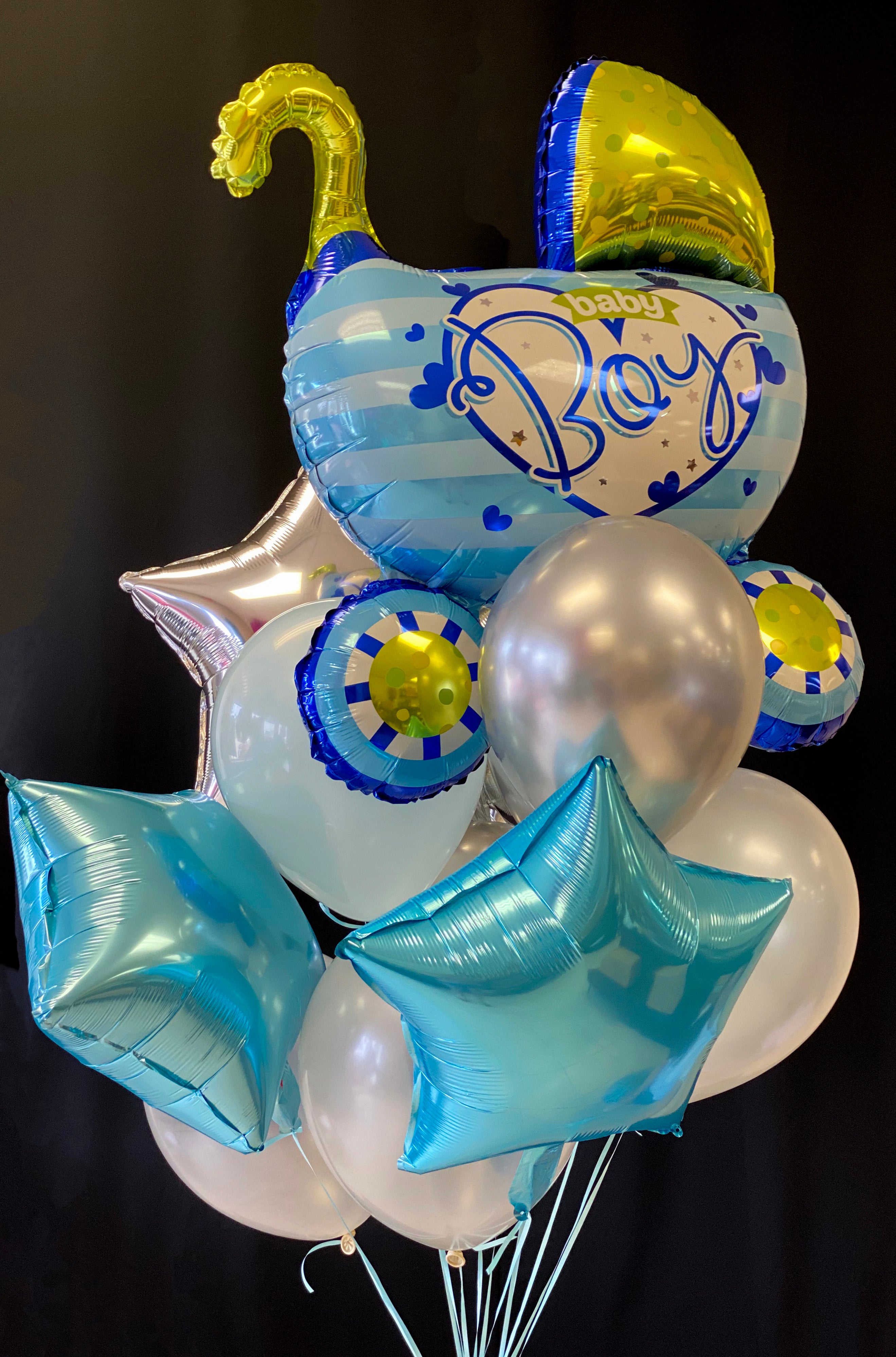 New baby balloon bouquet with extra large stroller balloon and latex and foil balloons