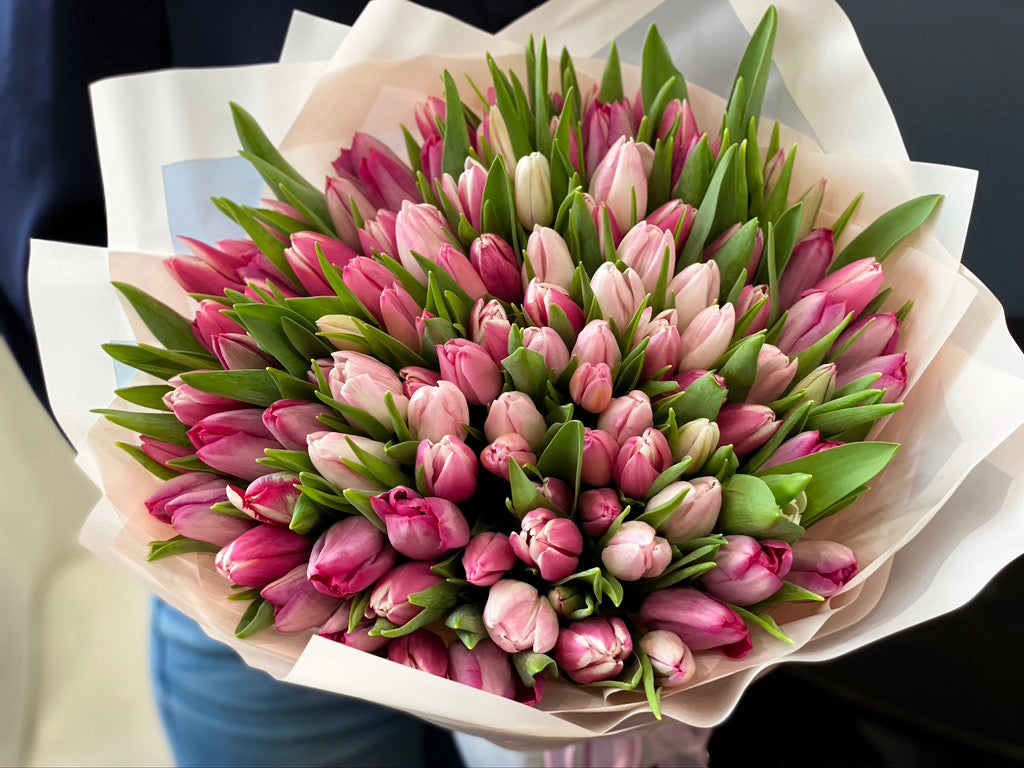 Oversized 100 pink tulips bouquet with elegant wrapping
