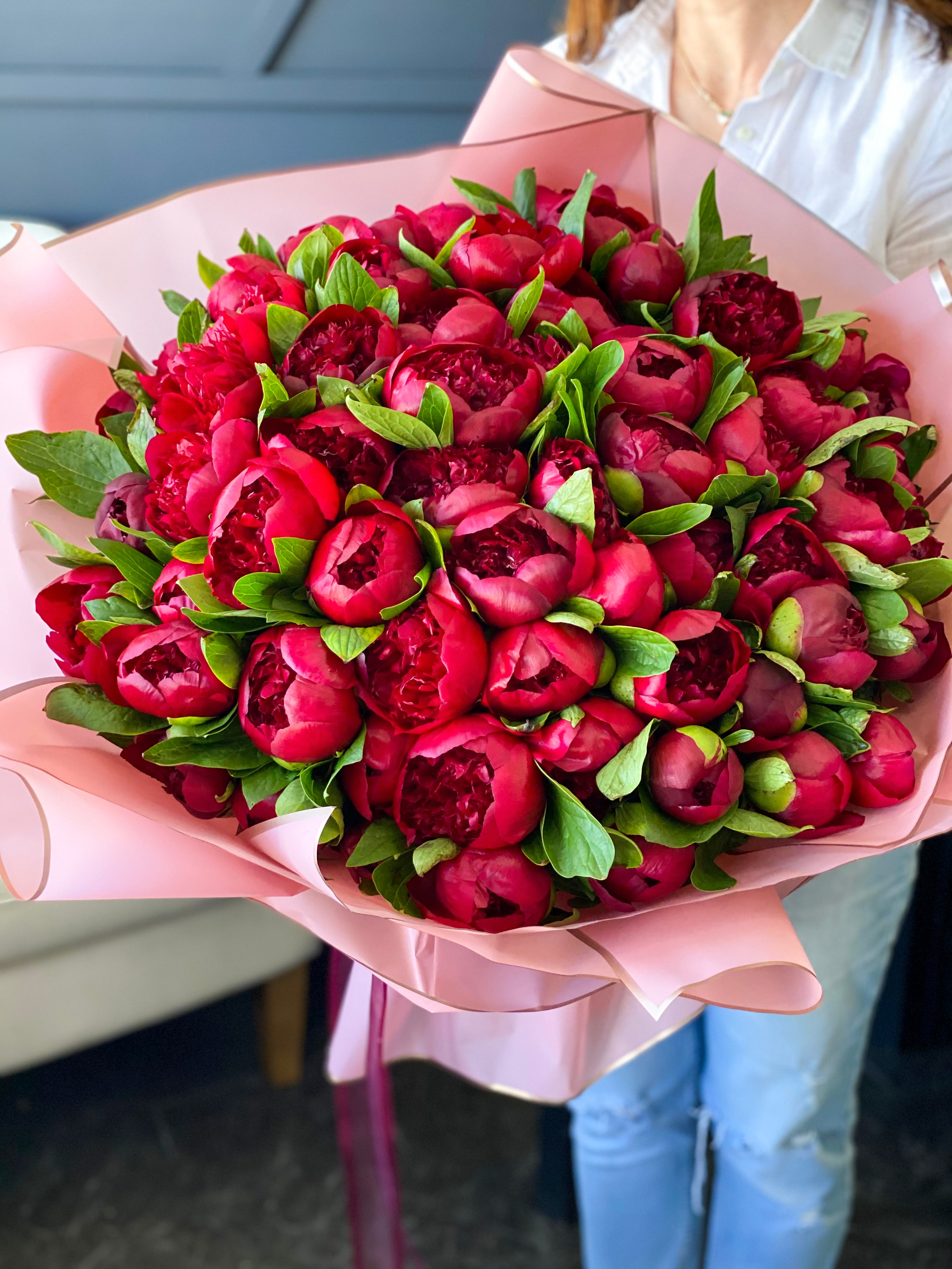 Oversized bouquet of 100 burgundy peonies