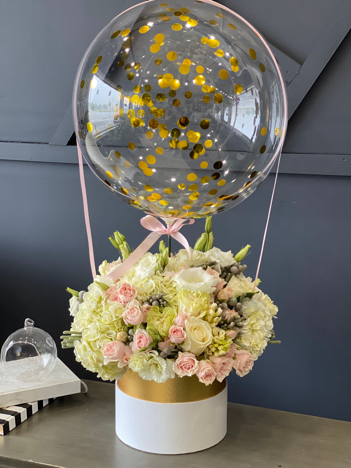 Pastel flower box with decorative balloon Miami Beach