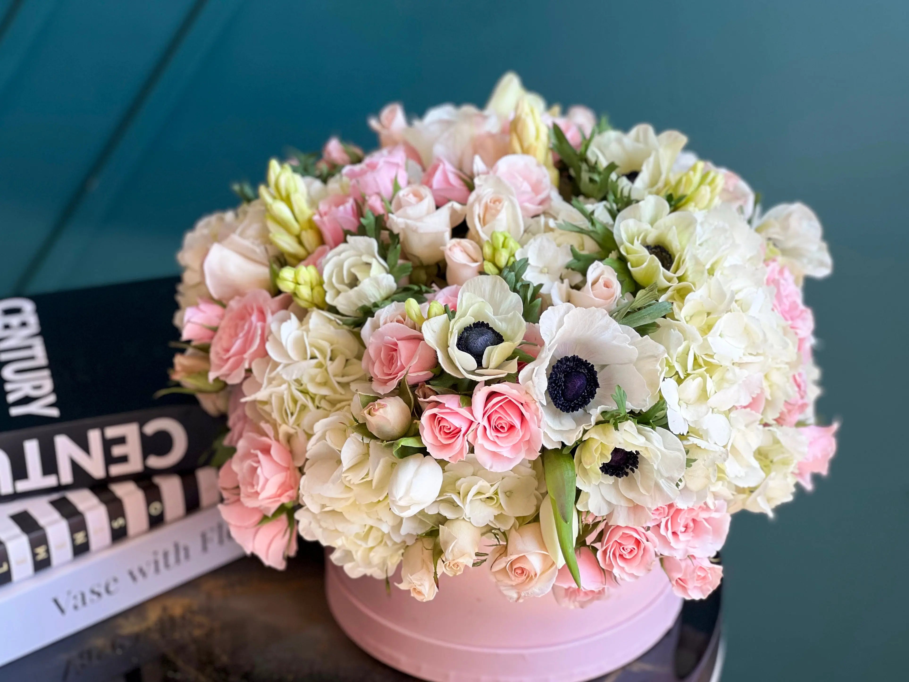 Pastel hydrangea and rose arrangement handcrafted in Miami Beach