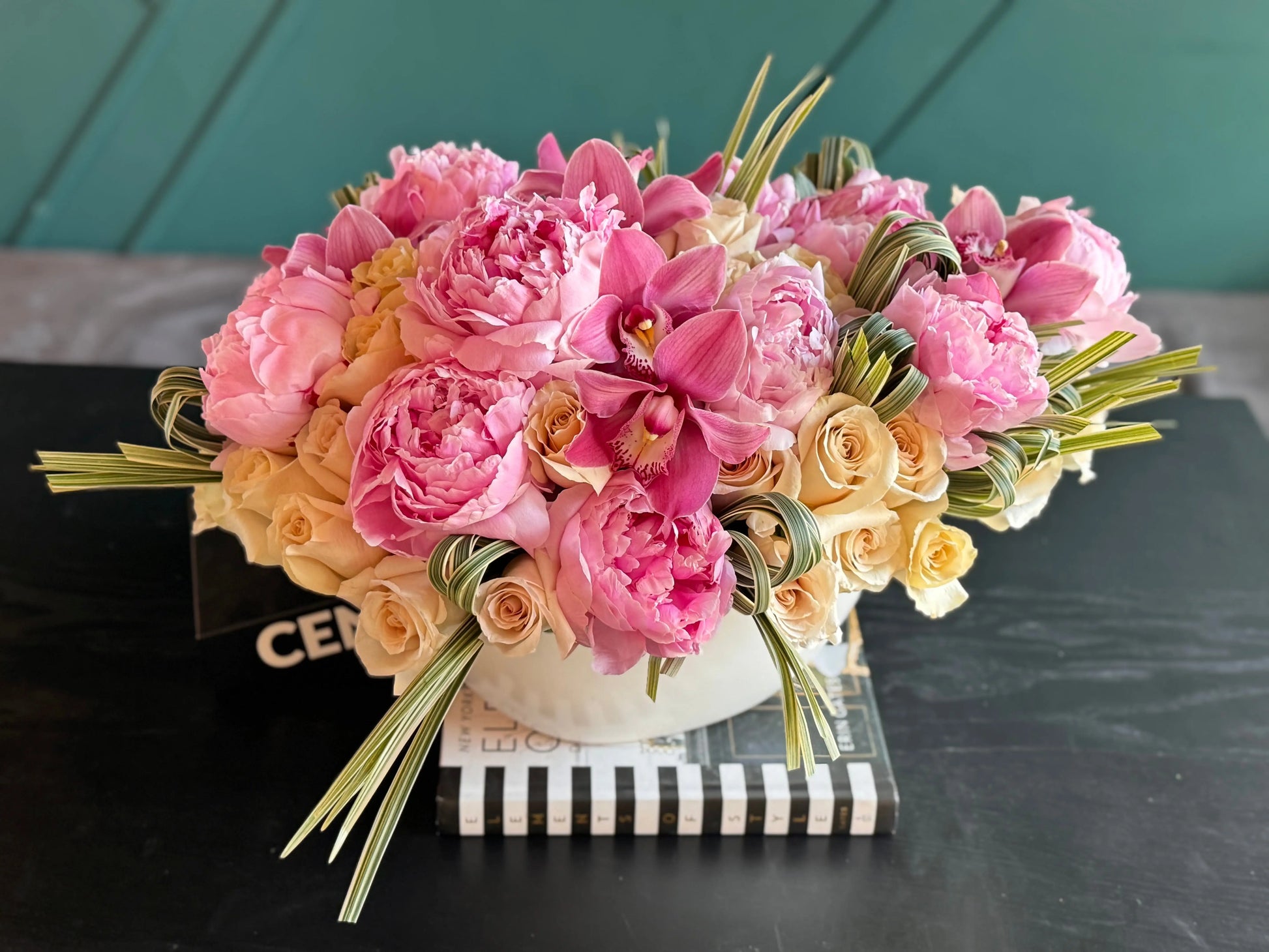 Peonies cappuccino roses and orchids in ceramic vase by Luxury Flowers Miami