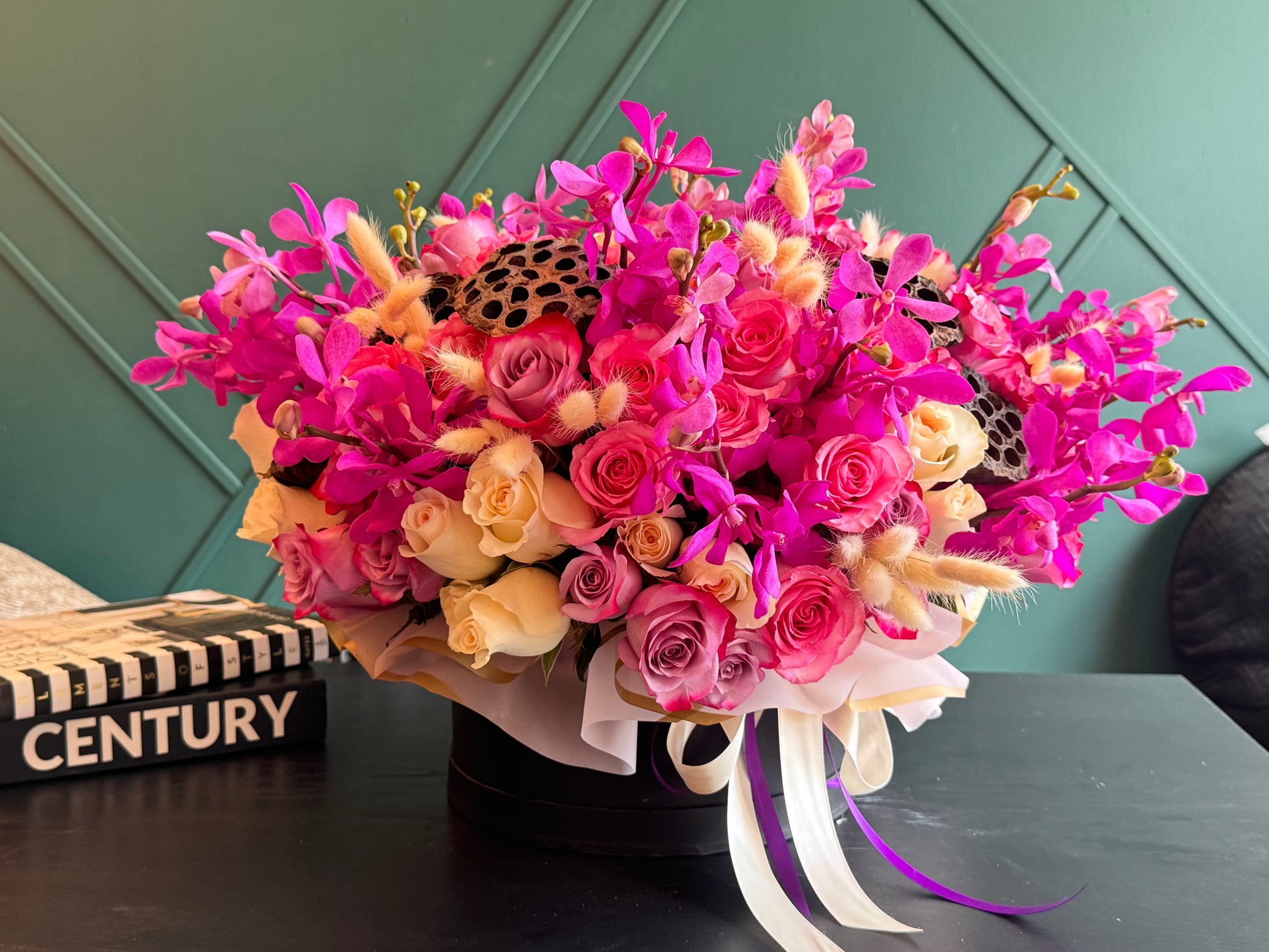 Pink Mokara orchids roses and artistic decor Miami Beach