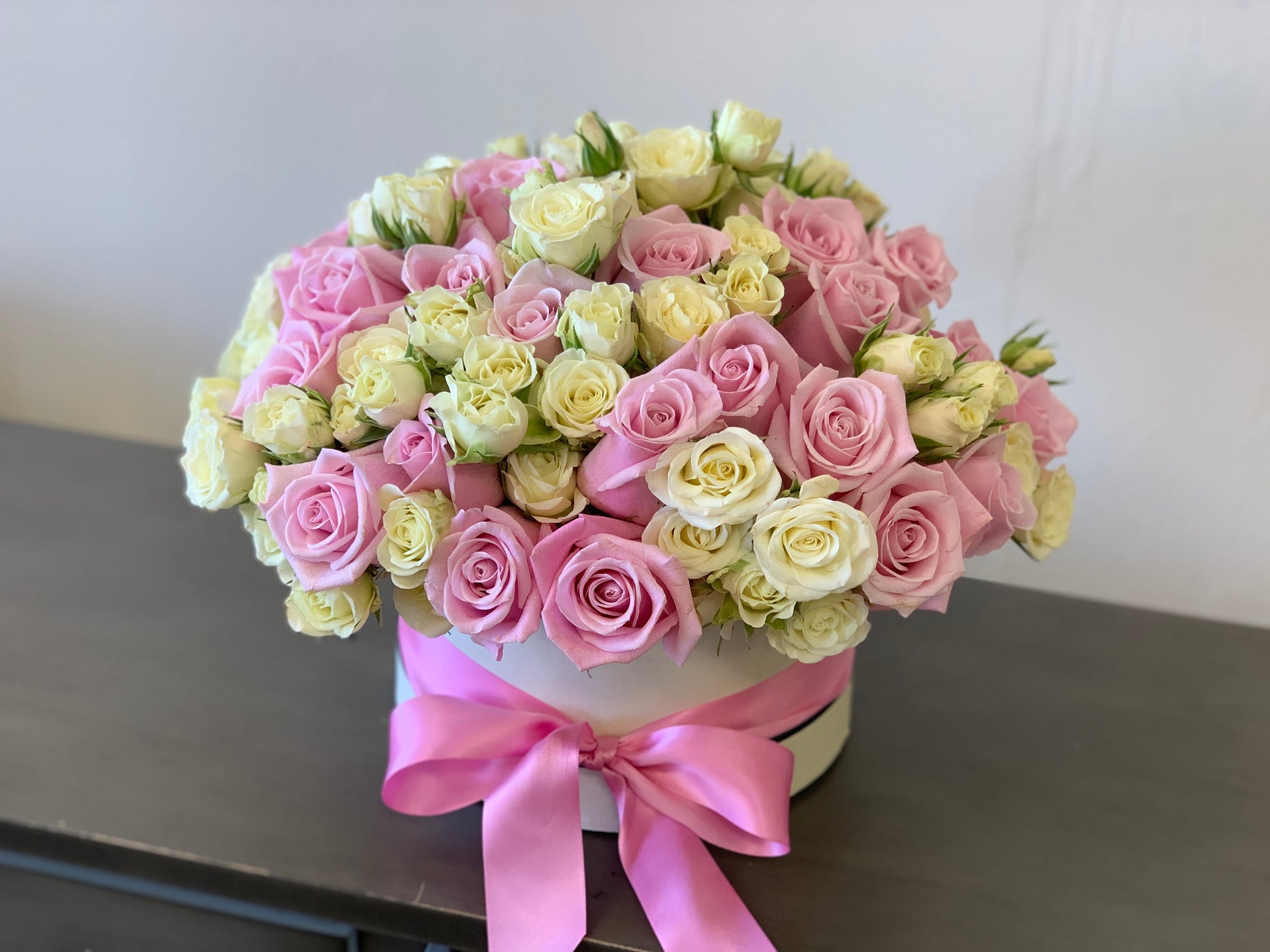 Pink and white rose box for birthday flower delivery Miami