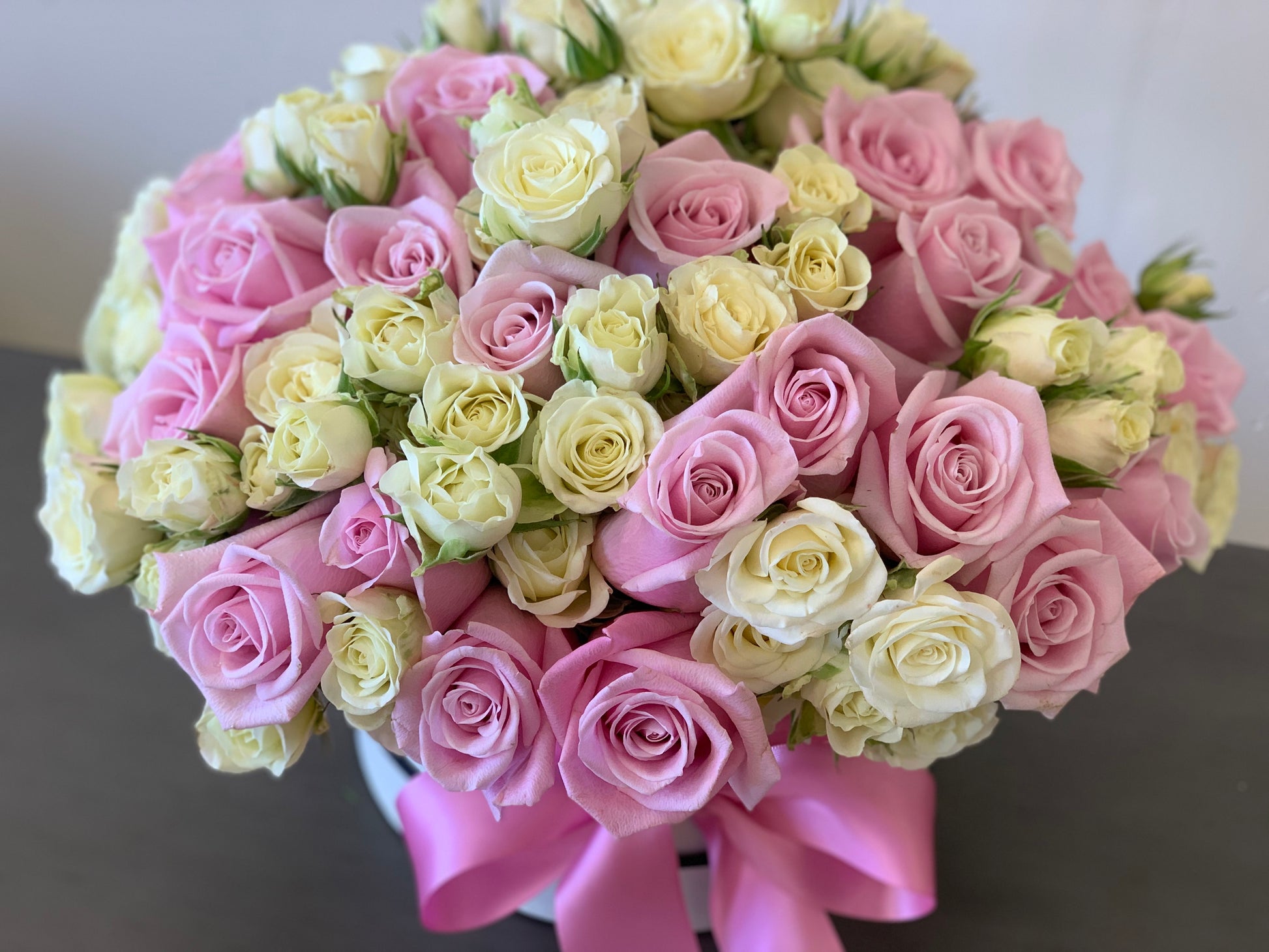 Pink and white roses anniversary flower arrangement Miami