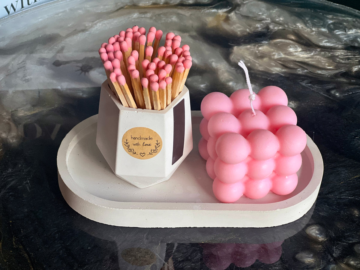 Pink bubble scented candle and matches gift set
