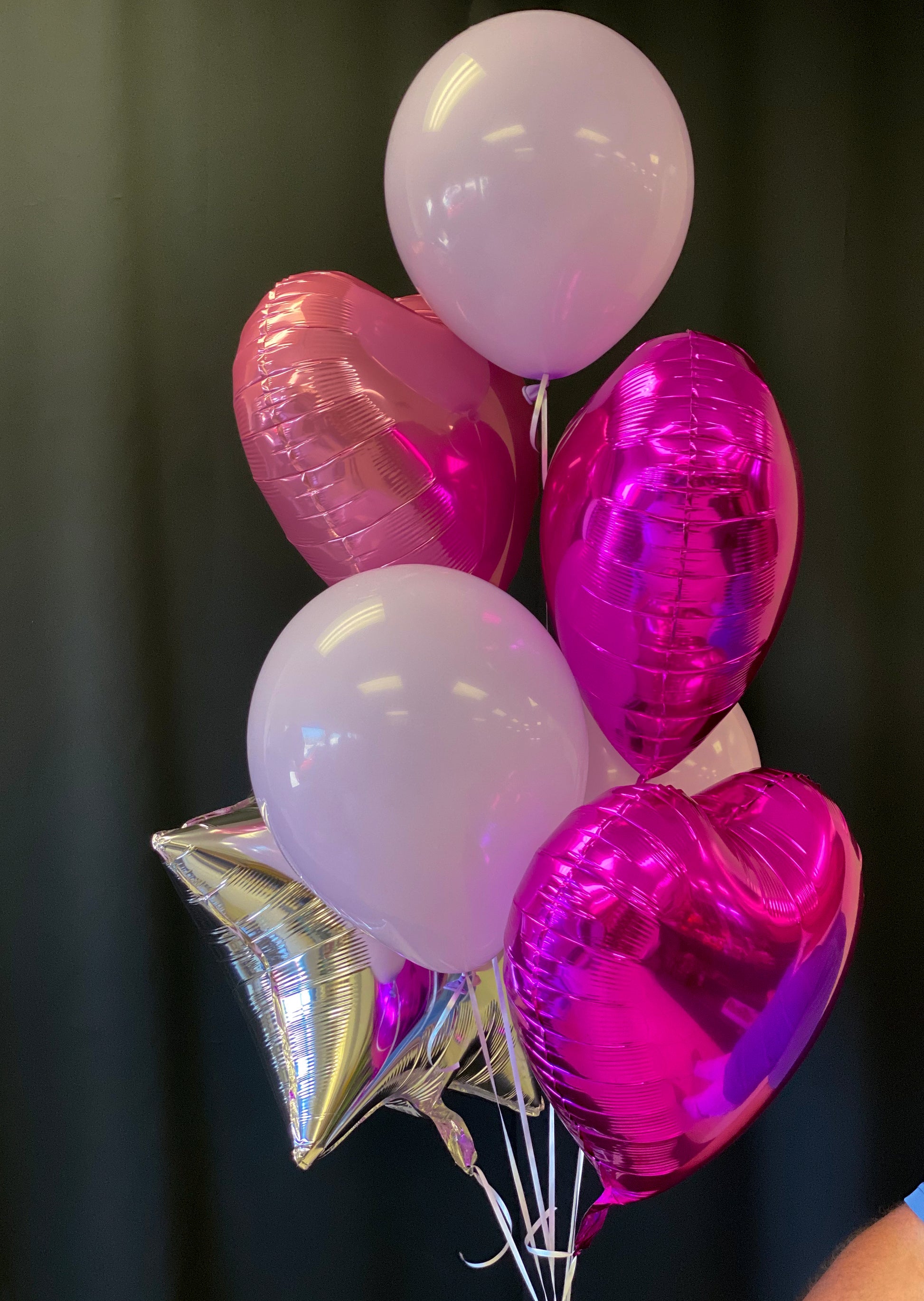 Pink heart and white latex balloons arranged by Luxury Flowers Miami