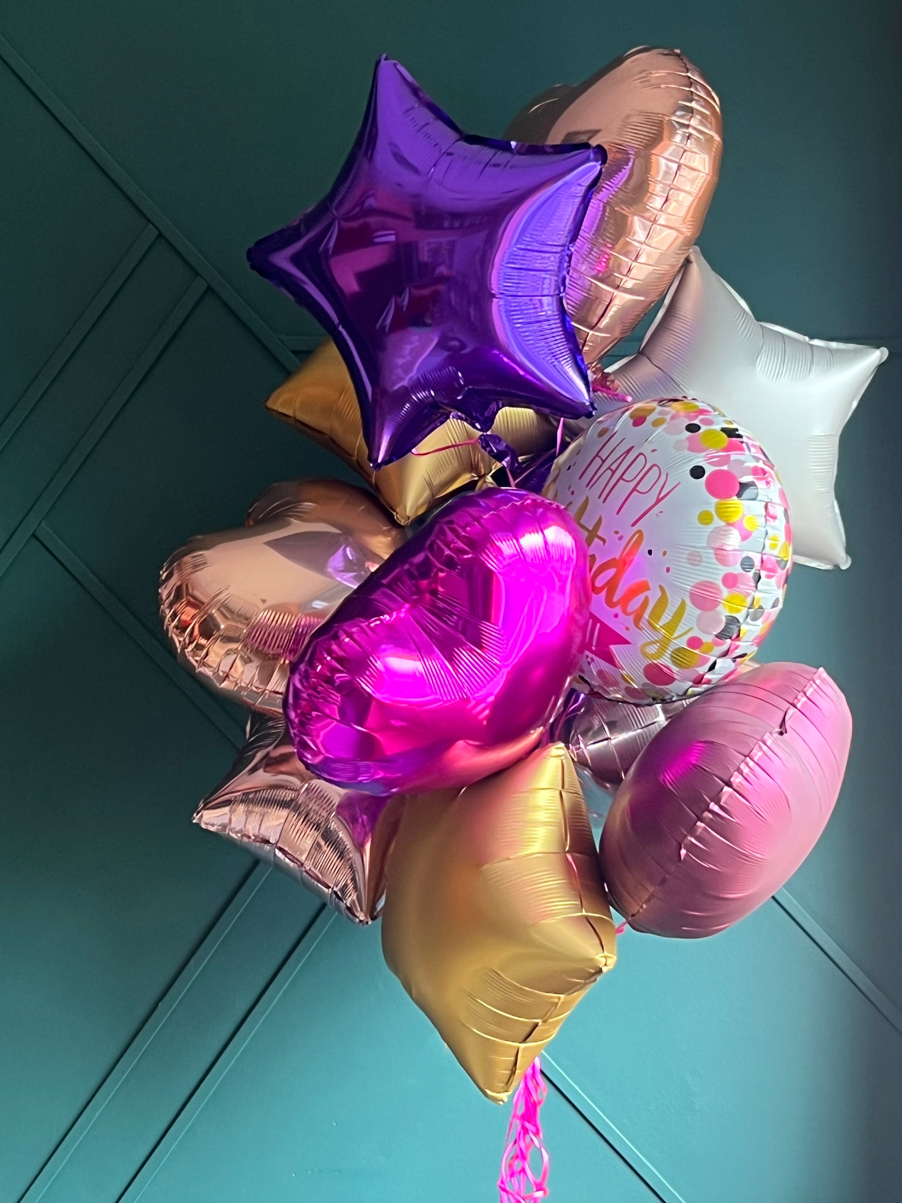 Pink purple and gold balloon bouquet for birthday delivery