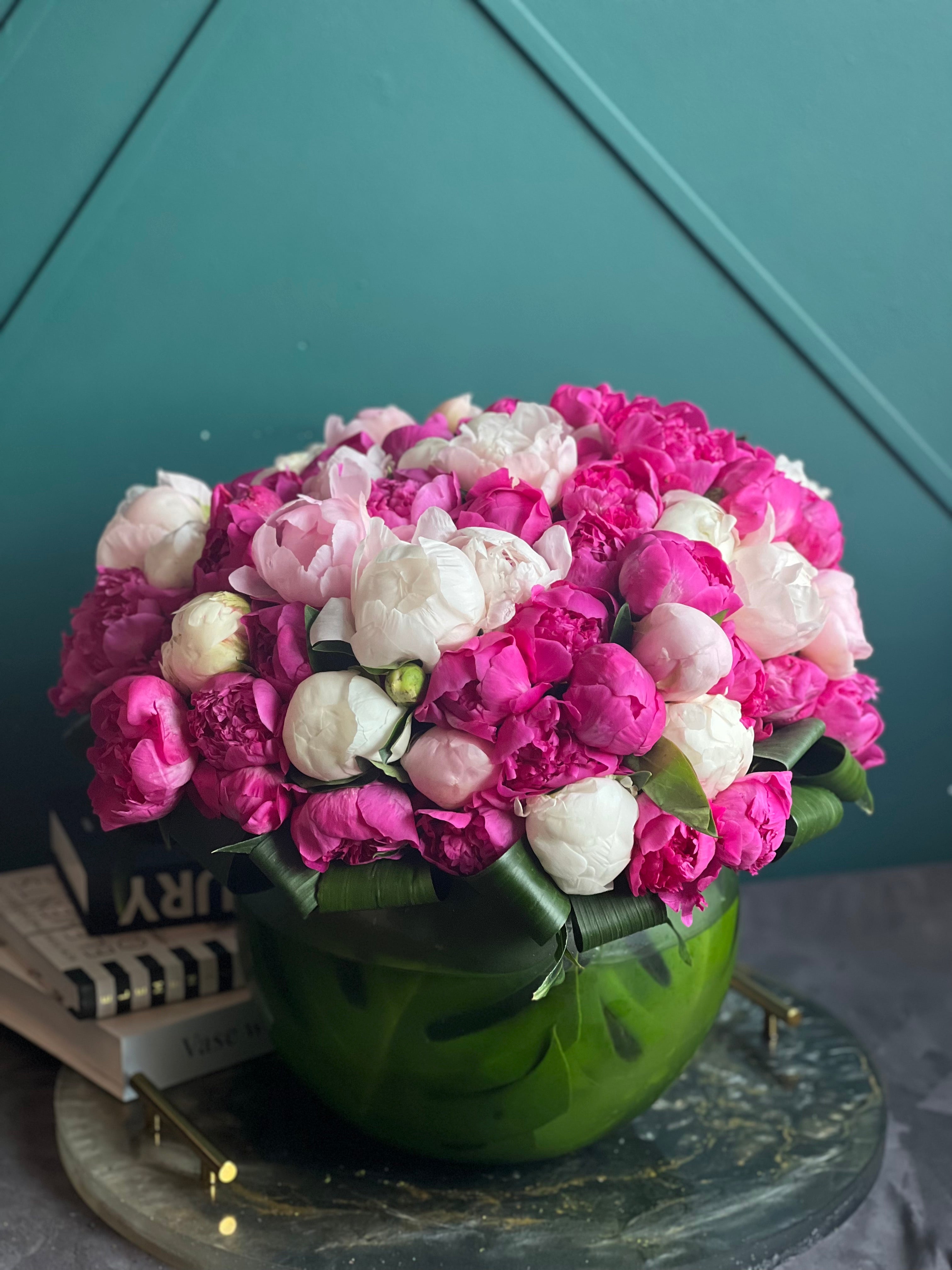 Pink white and fuchsia peony arrangement