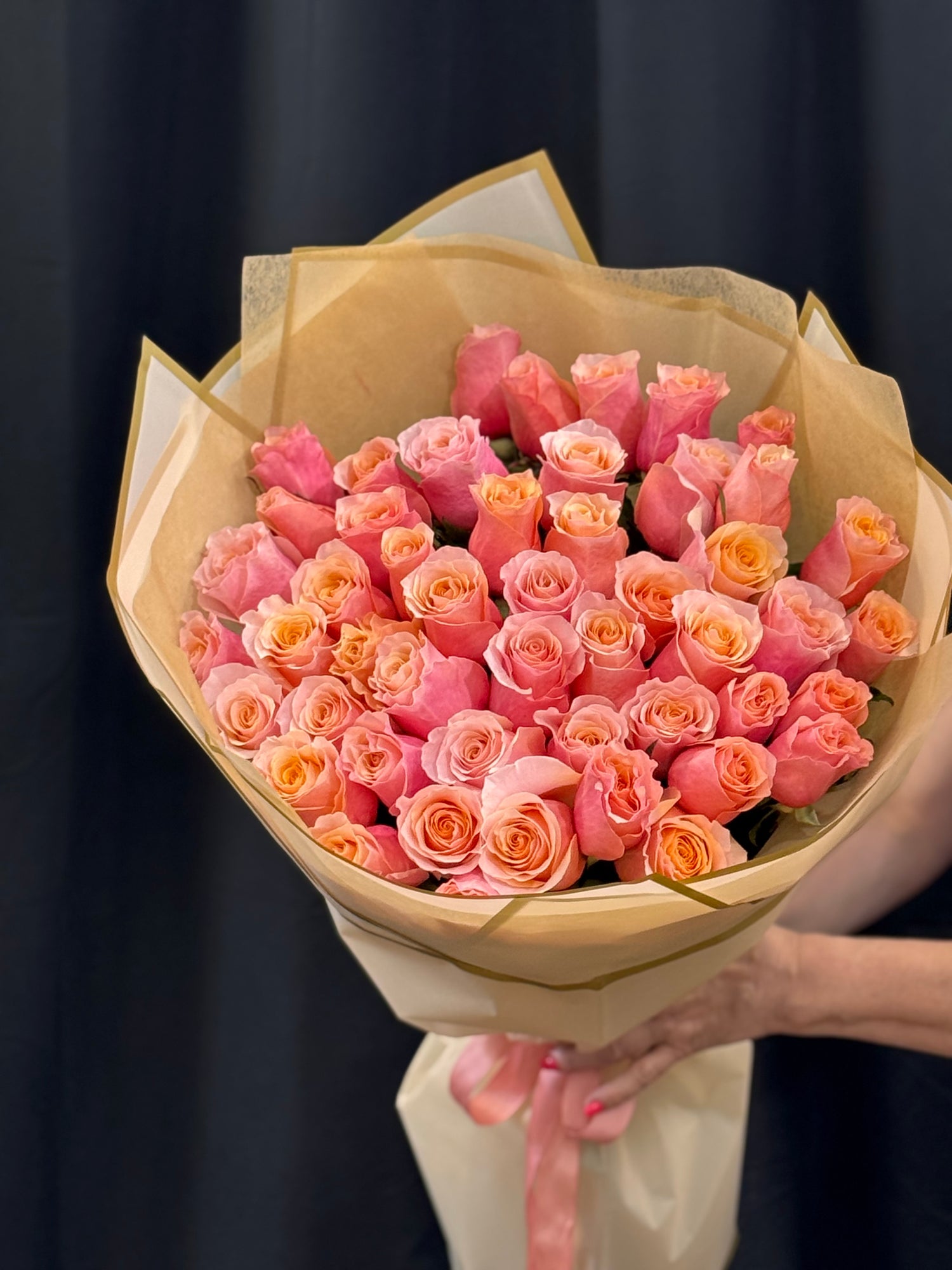 Premium 50 roses bouquet with soft pink peach and blush flowers