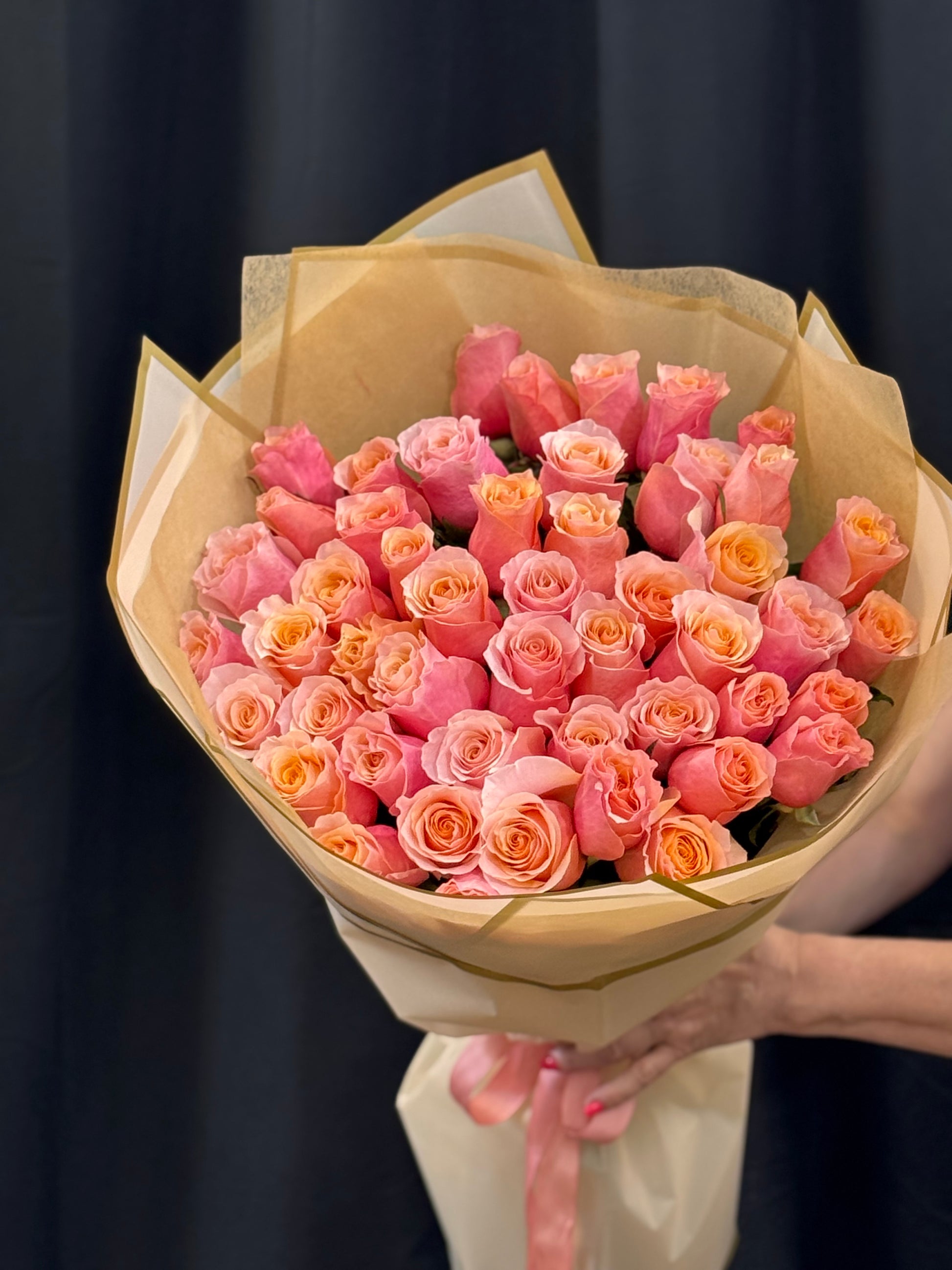 Premium 50 roses bouquet with soft pink peach and blush flowers
