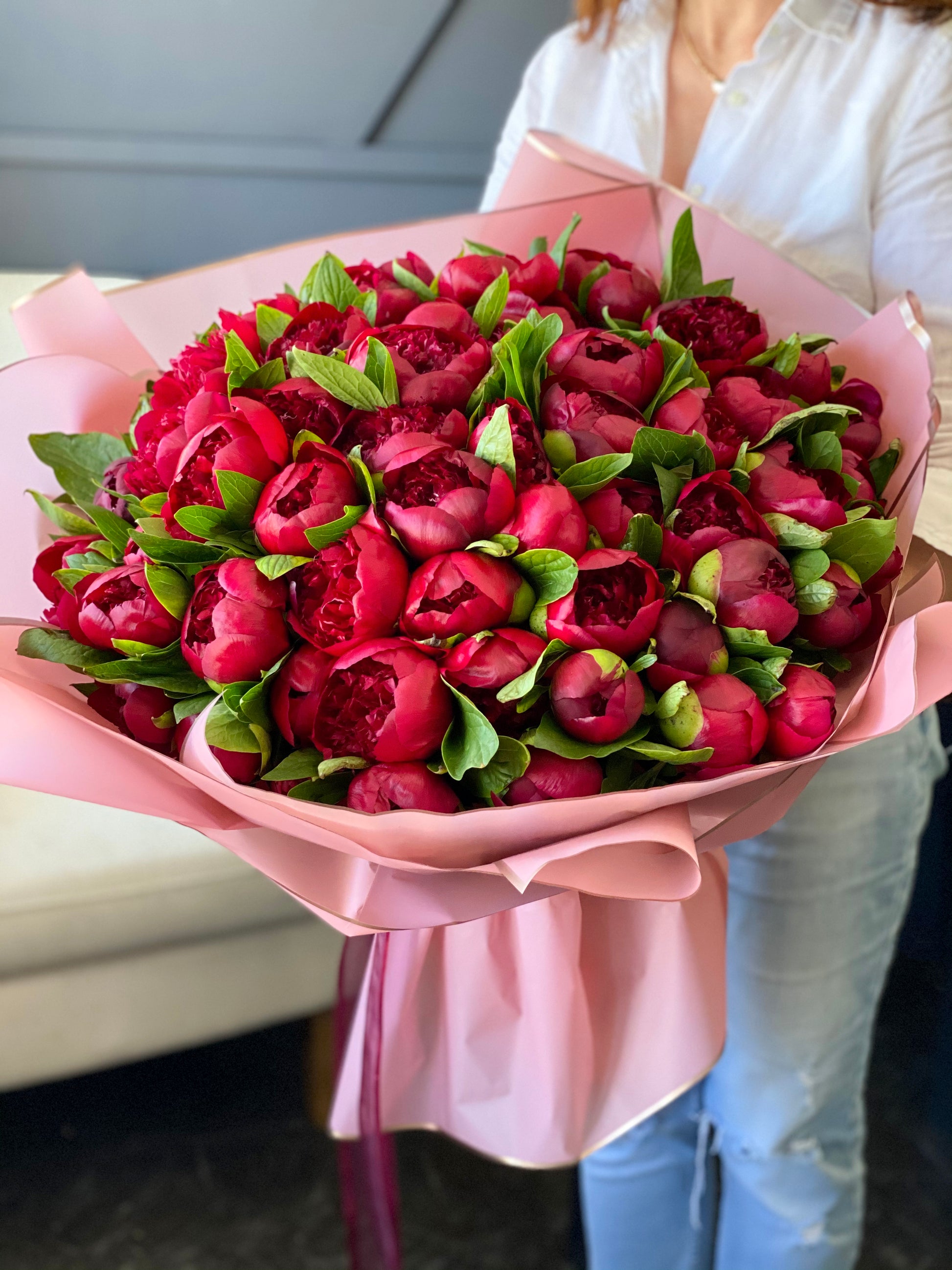 Premium burgundy peonies hand-tied bouquet Miami