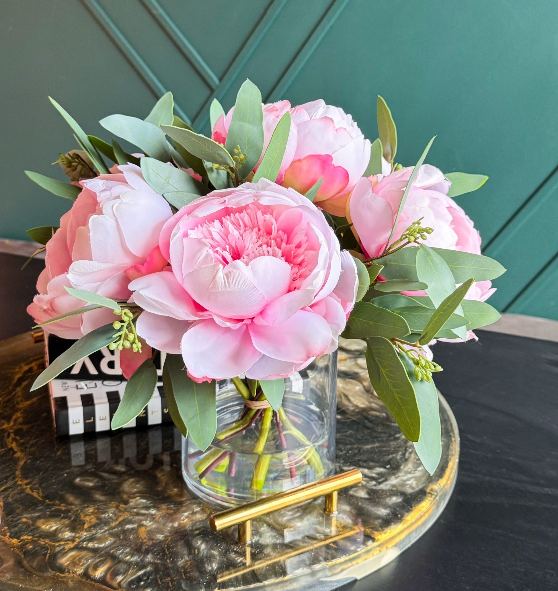 Premium faux peony centerpiece in a clear glass vase for luxury home décor.