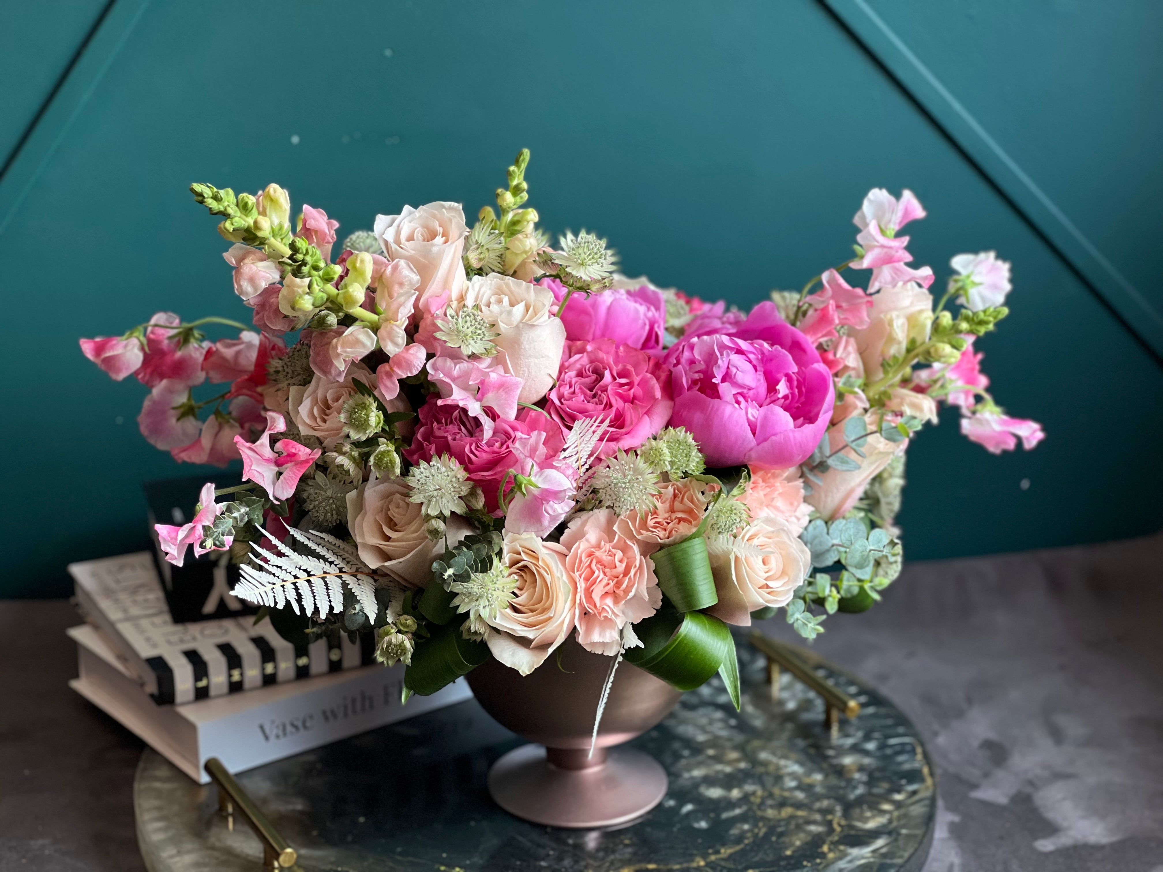 Premium luxury flower arrangement with pink peonies and blush roses