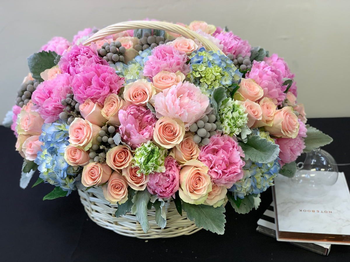 Premium mixed flower basket with pink peonies and hydrangeas