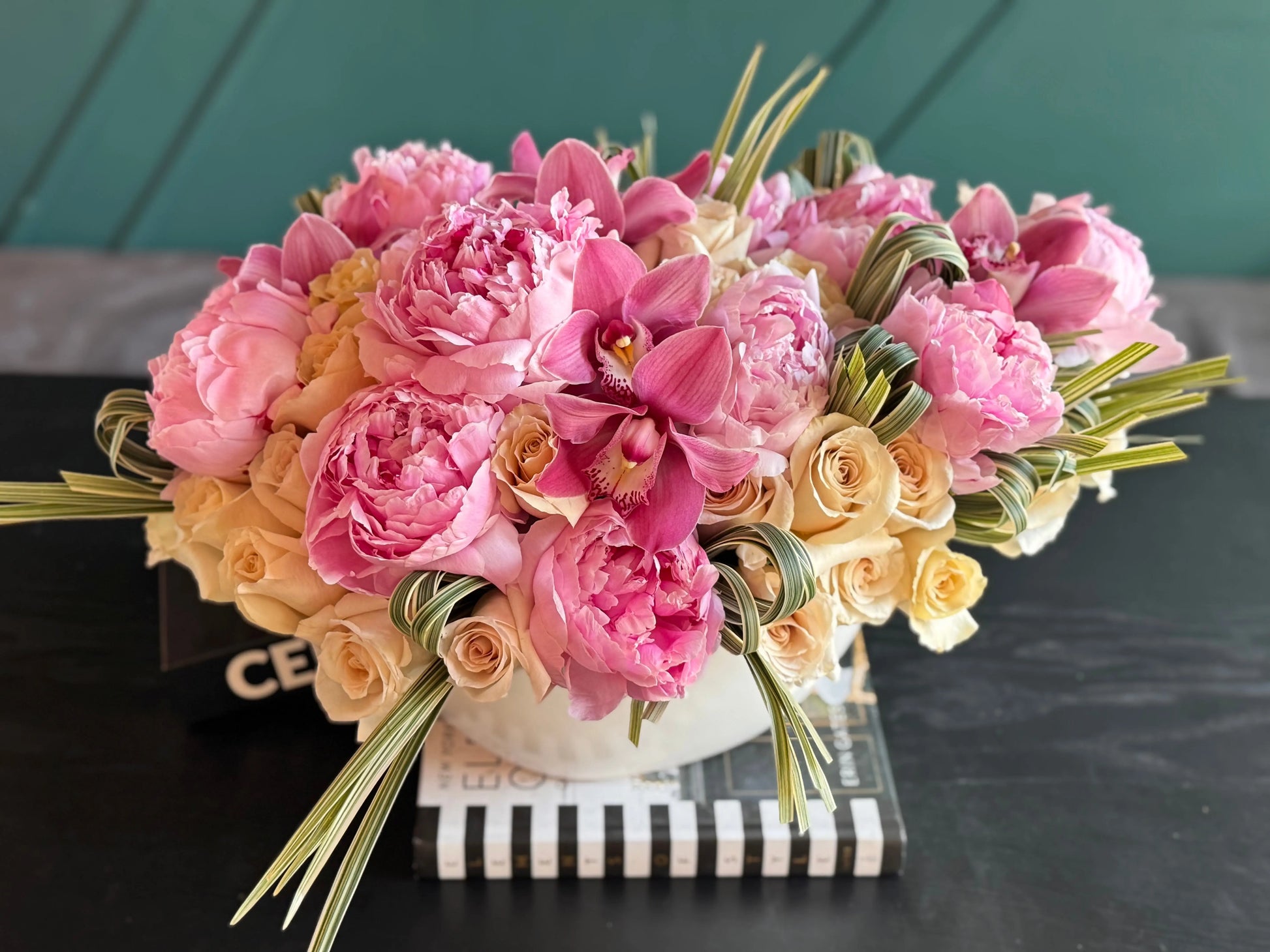 Premium peony rose and orchid arrangement in soft blush tones