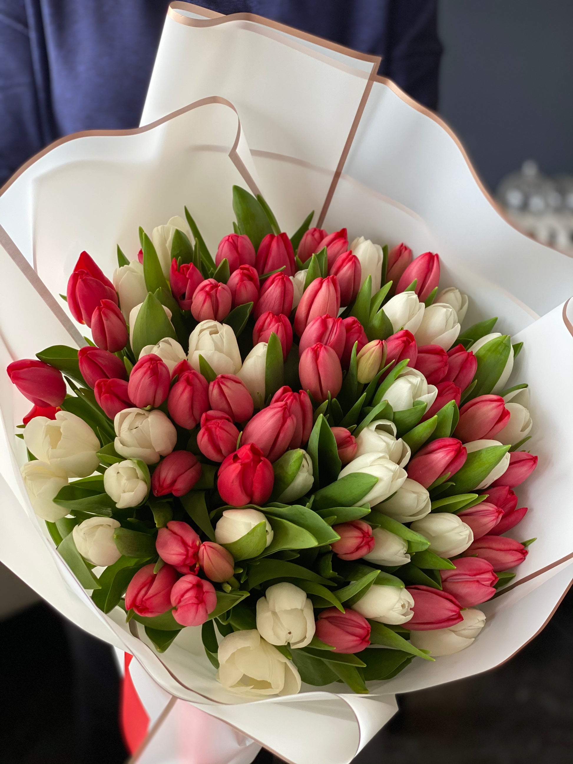 Premium red and white tulip bouquet handcrafted in Miami Beach
