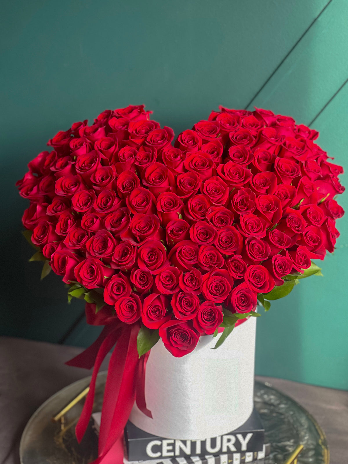 Premium red roses heart shaped flower box Miami