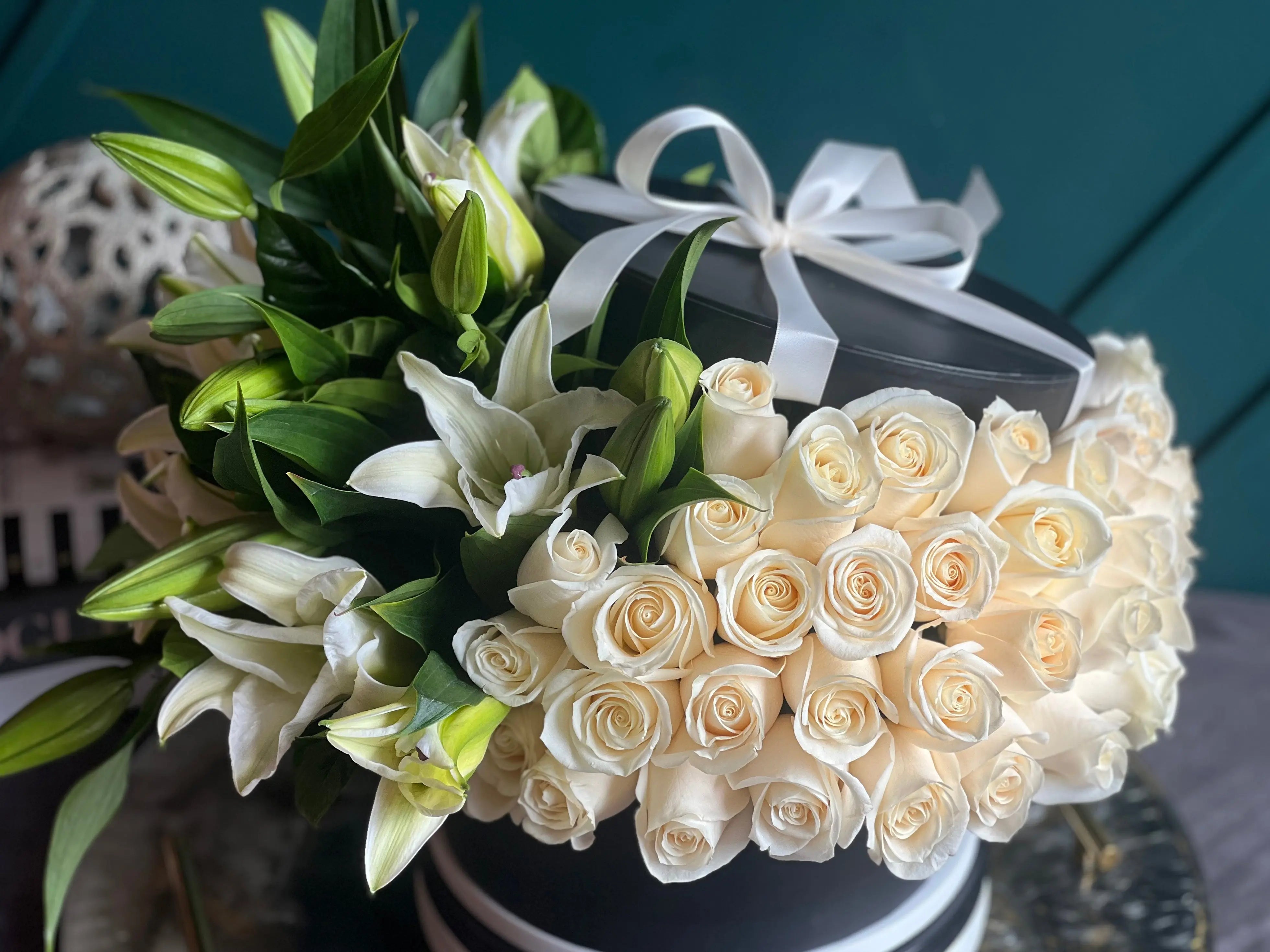 Premium white rose and lily flower box by Luxury Flowers Miami