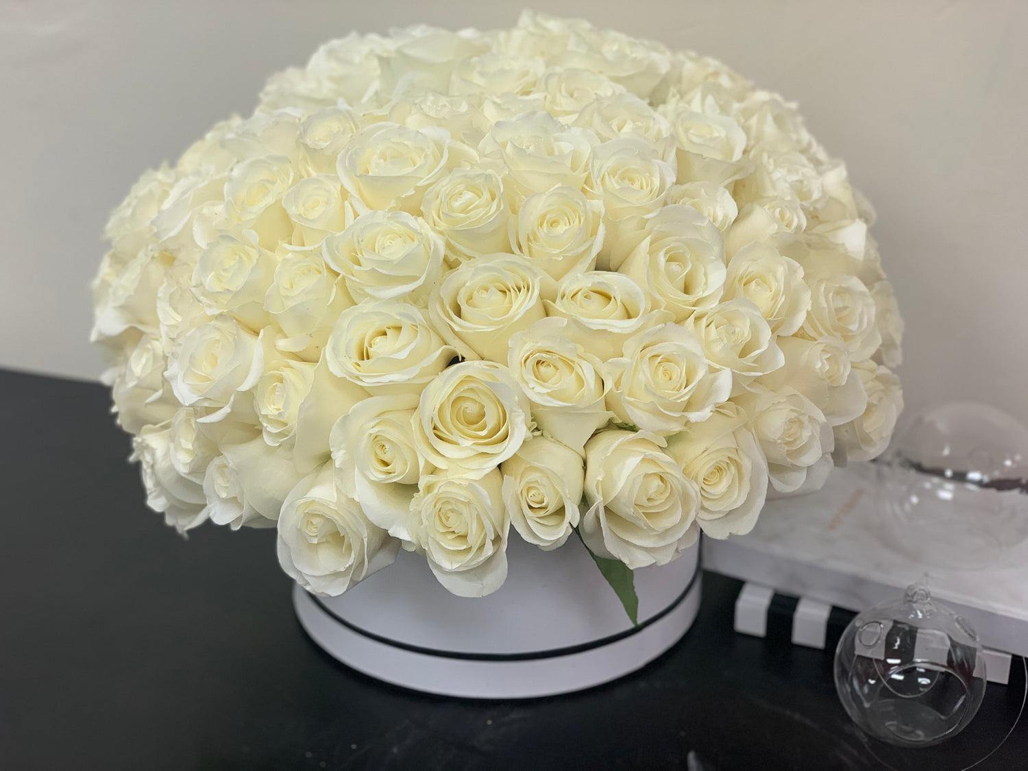 Premium white rose box with 100 fresh roses by Luxury Flowers Miami