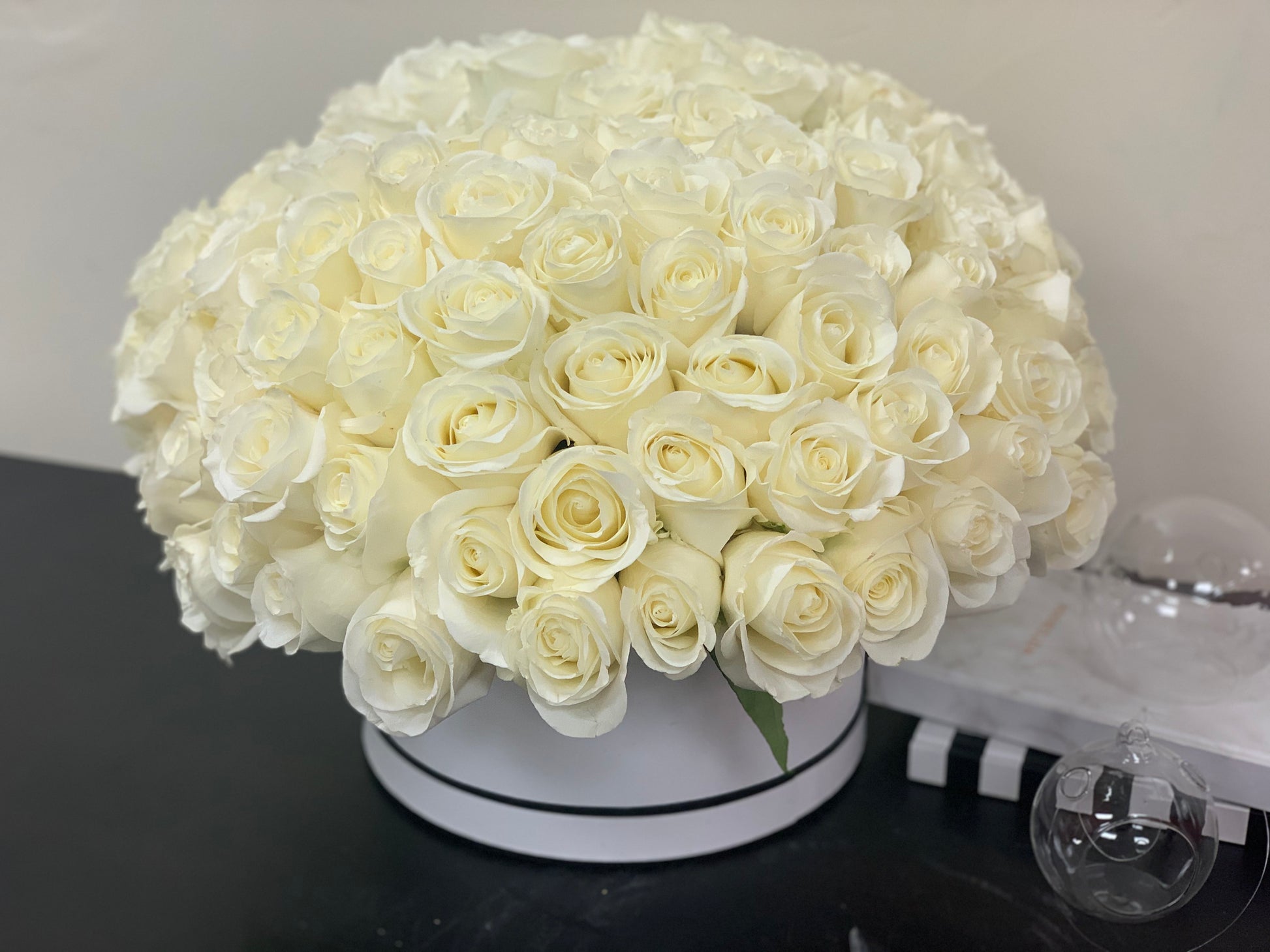 Premium white rose box with 100 fresh roses by Luxury Flowers Miami