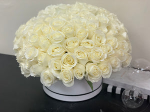 Premium white rose box with 100 fresh roses by Luxury Flowers Miami