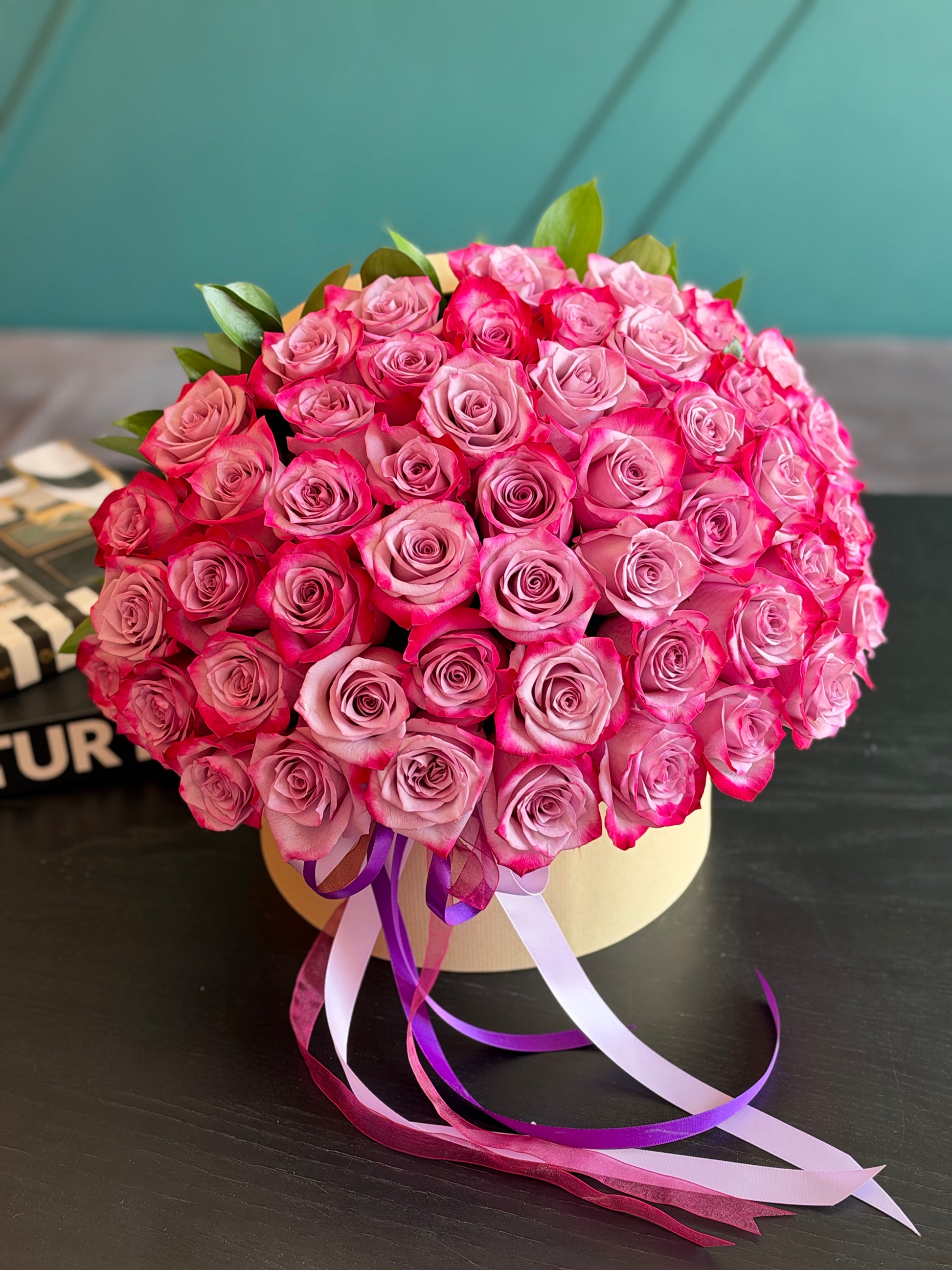 Purple rose box for birthday or anniversary flower delivery in Miami