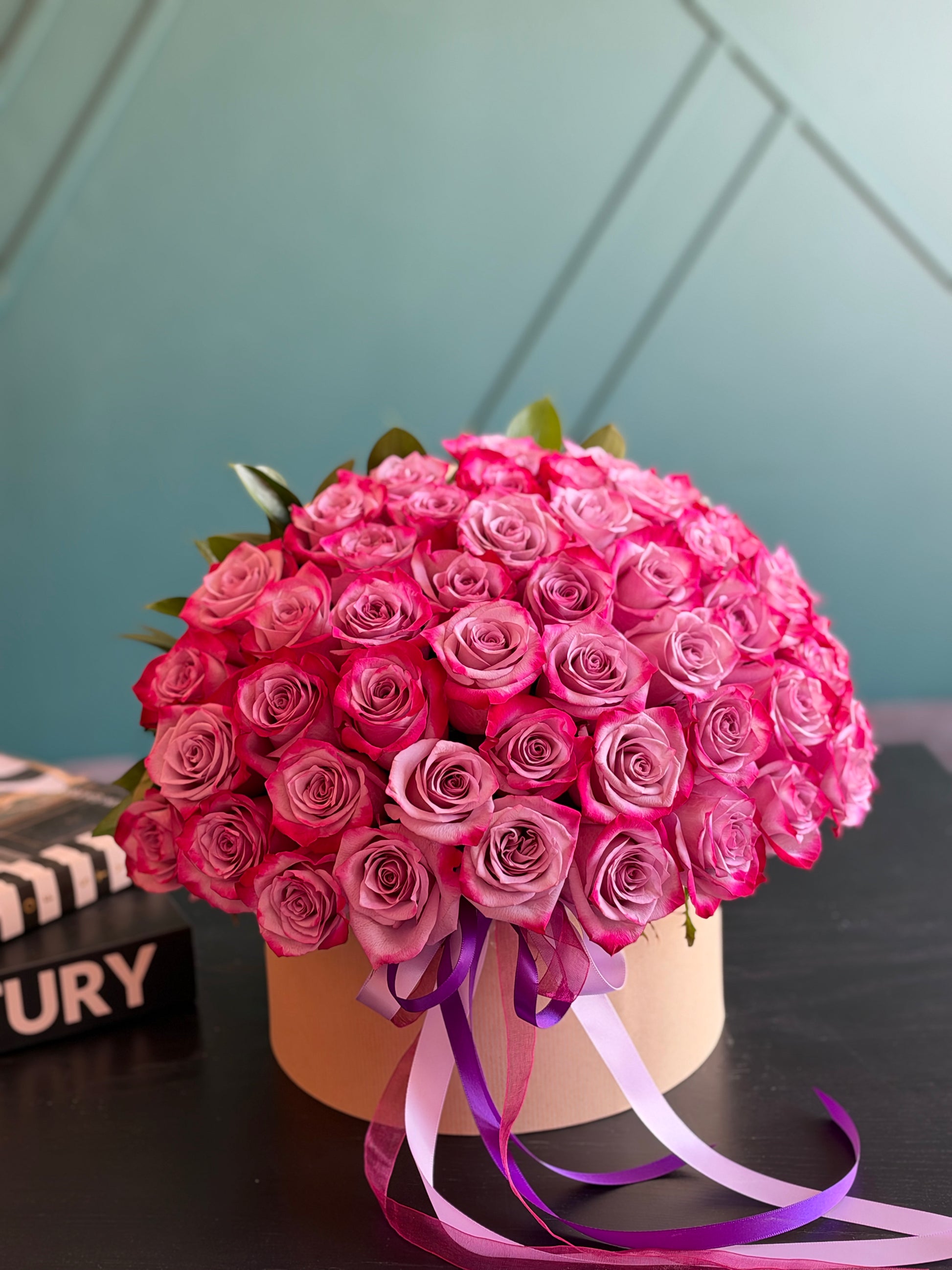 Purple rose box with 50 premium roses for luxury Miami flower delivery