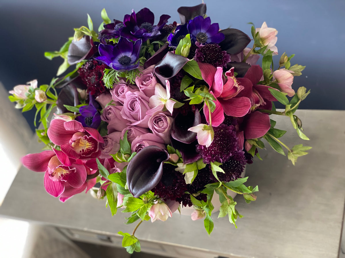 Purple roses and seasonal flowers arrangement Miami