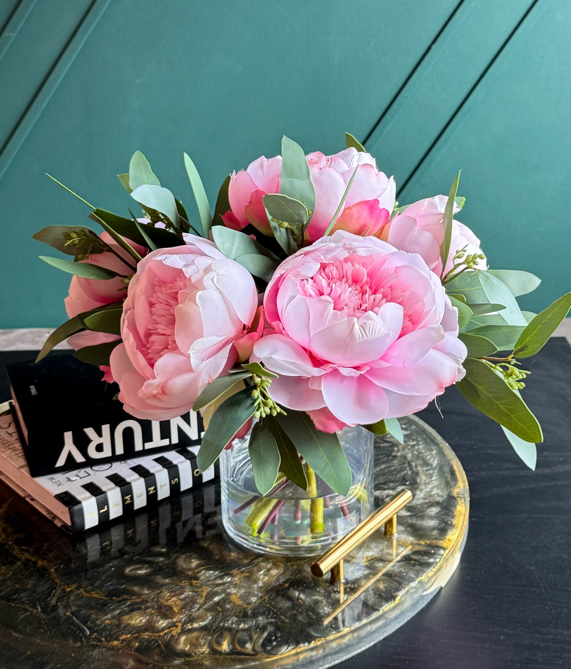 Real Touch Pink Peony Arrangement in Glass Vase | Luxury Flowers Miami